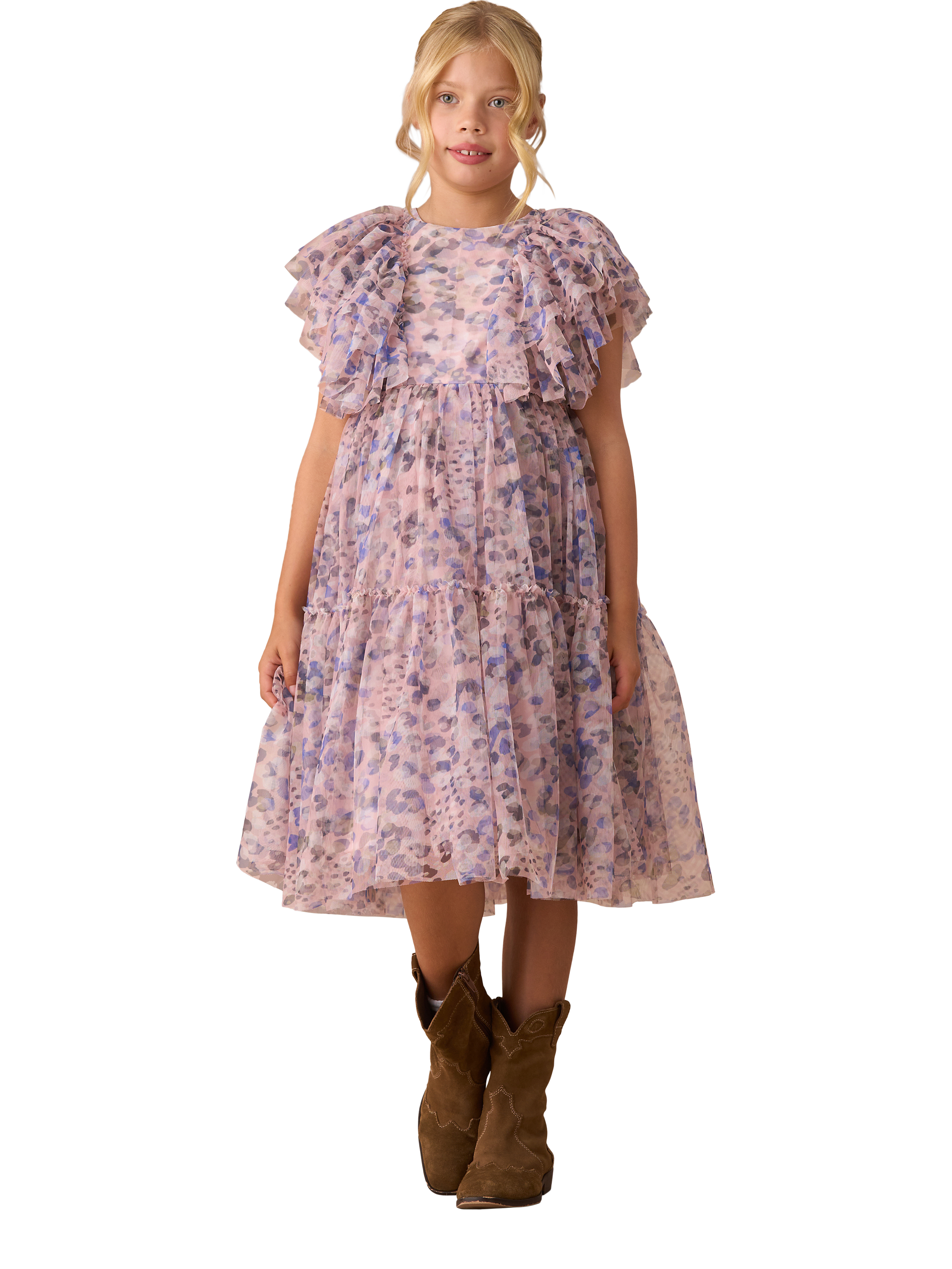 Product image 1 of 6, which shows Angel & Rocket Kids' Frill Mesh Dress, Pink, 3 years