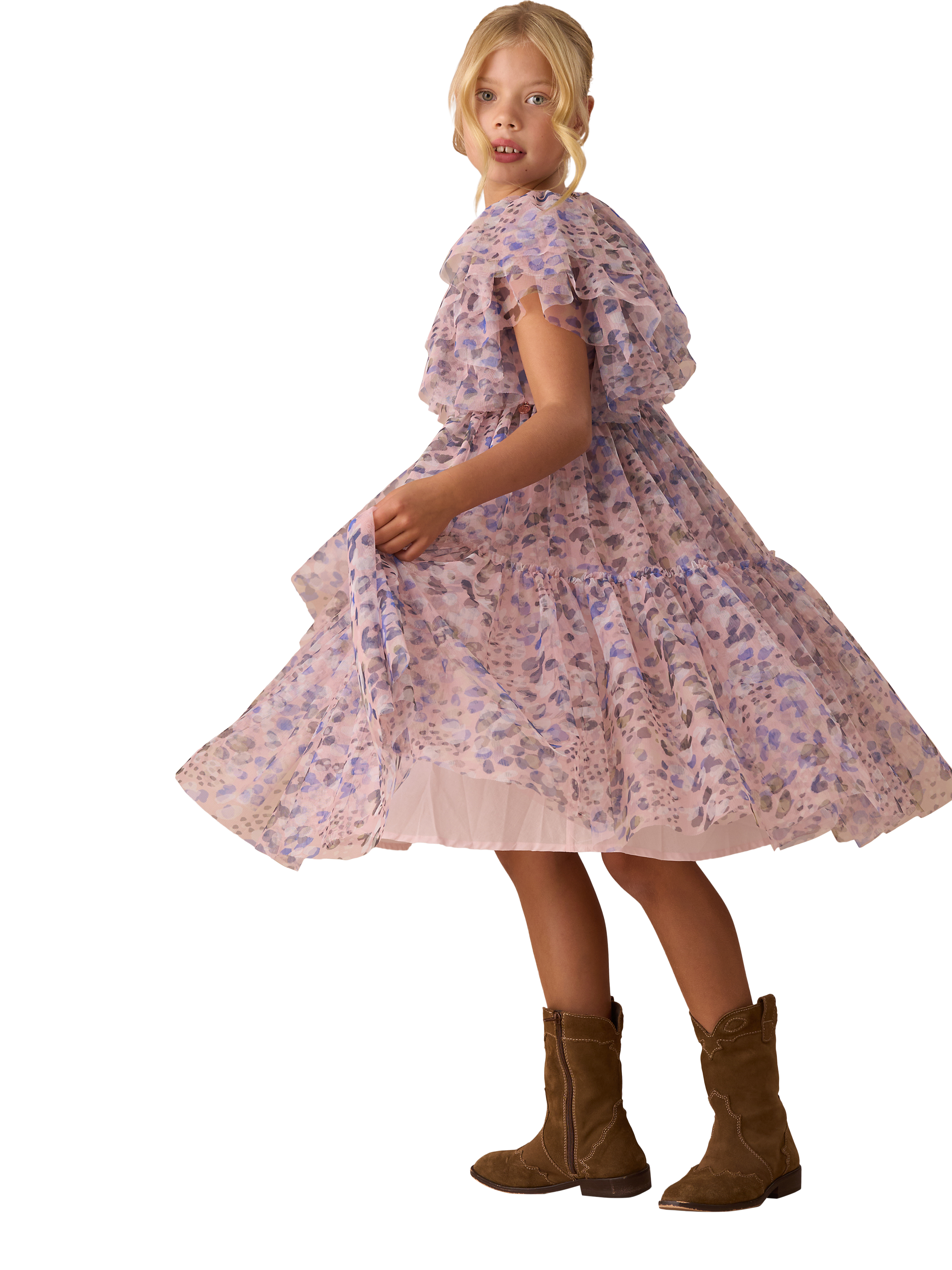 Product image 3 of 6, which shows Angel & Rocket Kids' Frill Mesh Dress, Pink, 3 years