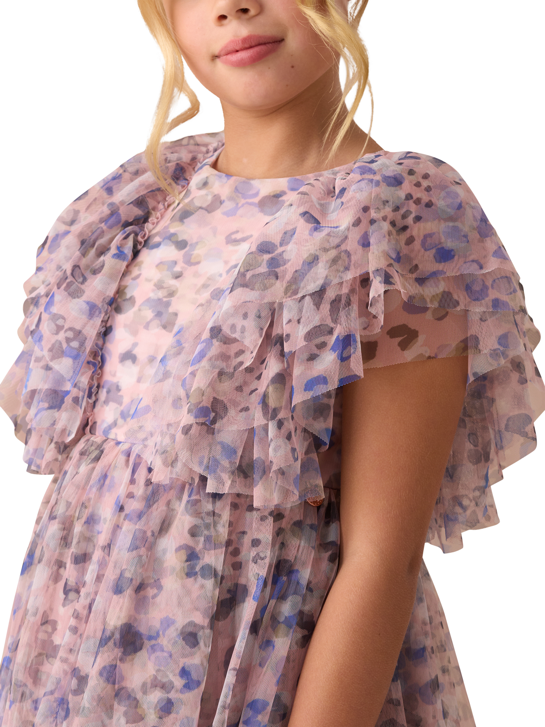 Product image 4 of 6, which shows Angel & Rocket Kids' Frill Mesh Dress, Pink, 3 years