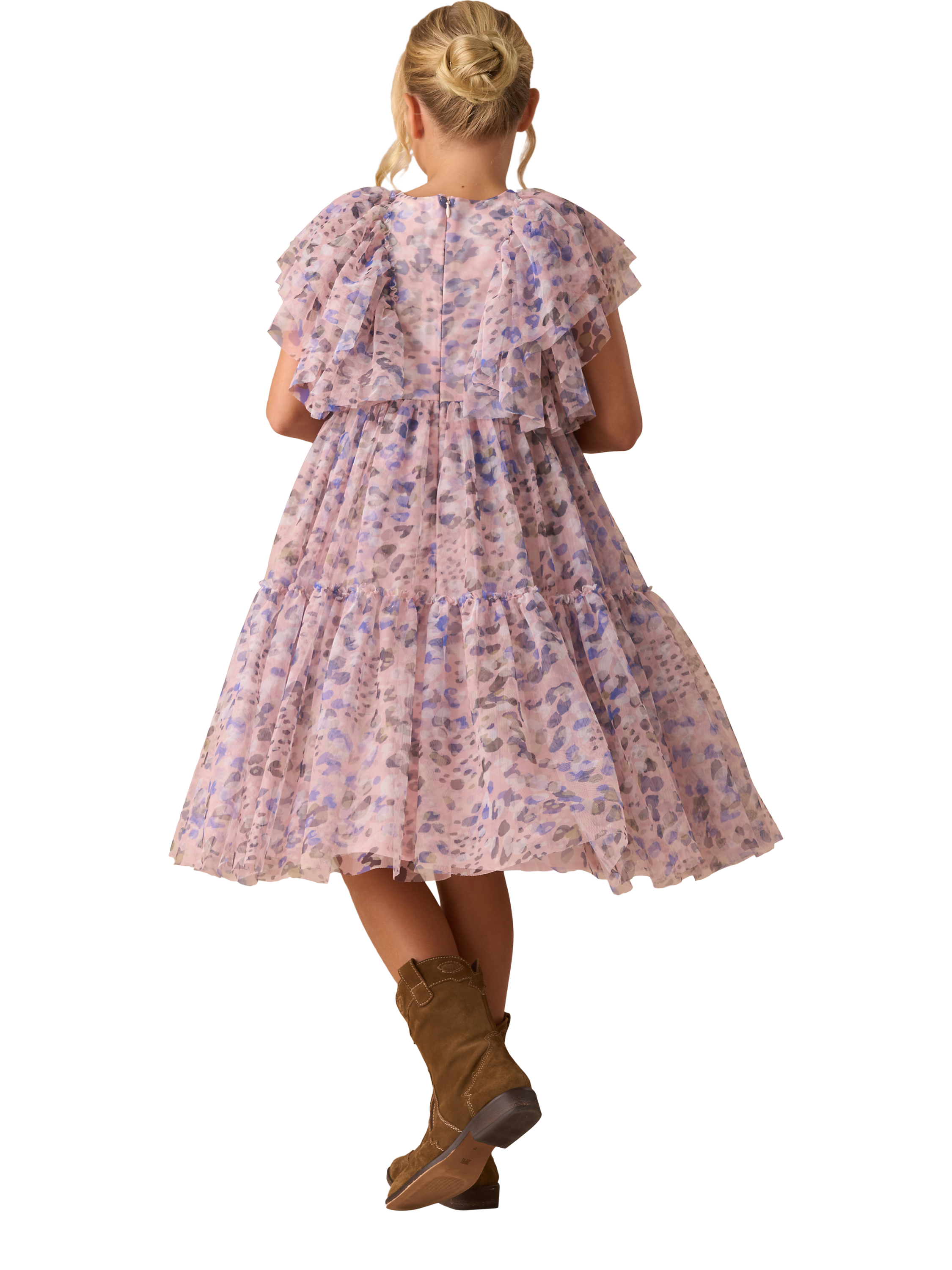 Product image 5 of 6, which shows Angel & Rocket Kids' Frill Mesh Dress, Pink, 3 years