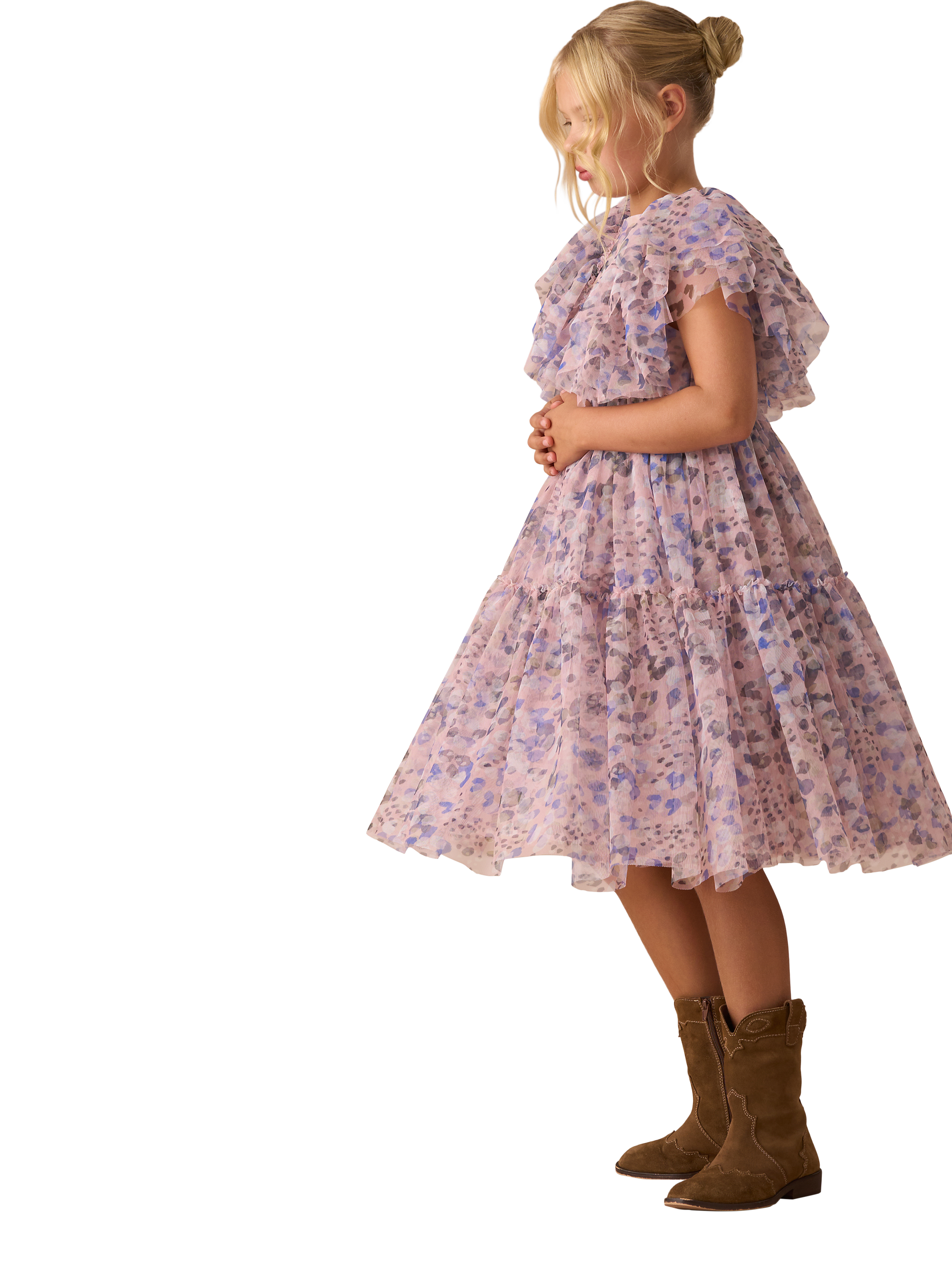 Product image 6 of 6, which shows Angel & Rocket Kids' Frill Mesh Dress, Pink, 3 years