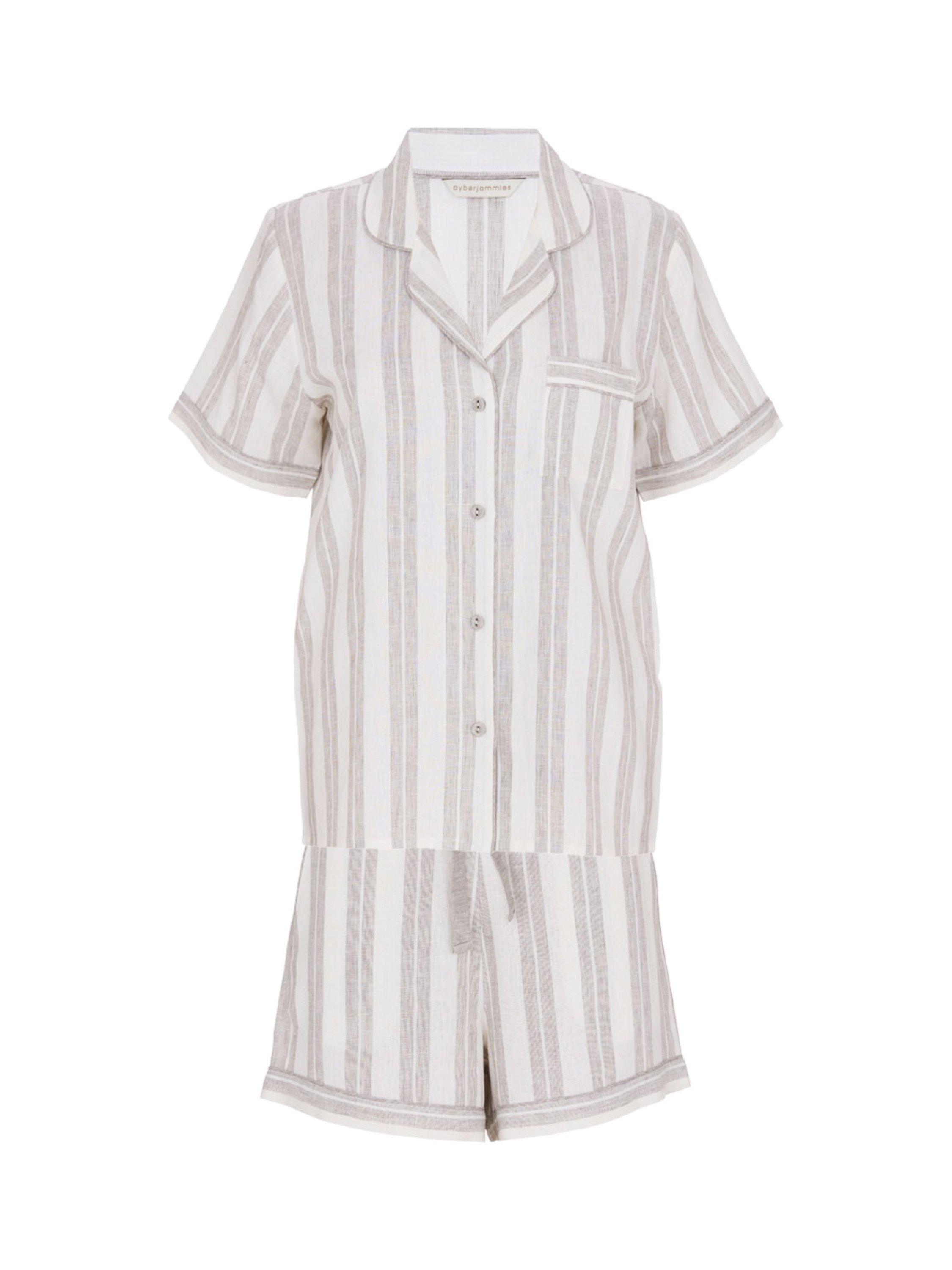 Product image 2 of 2, which shows Cyberjammies Stripe Linen Blend Shirt Shorty Pyjama Set, Mocha, 8
