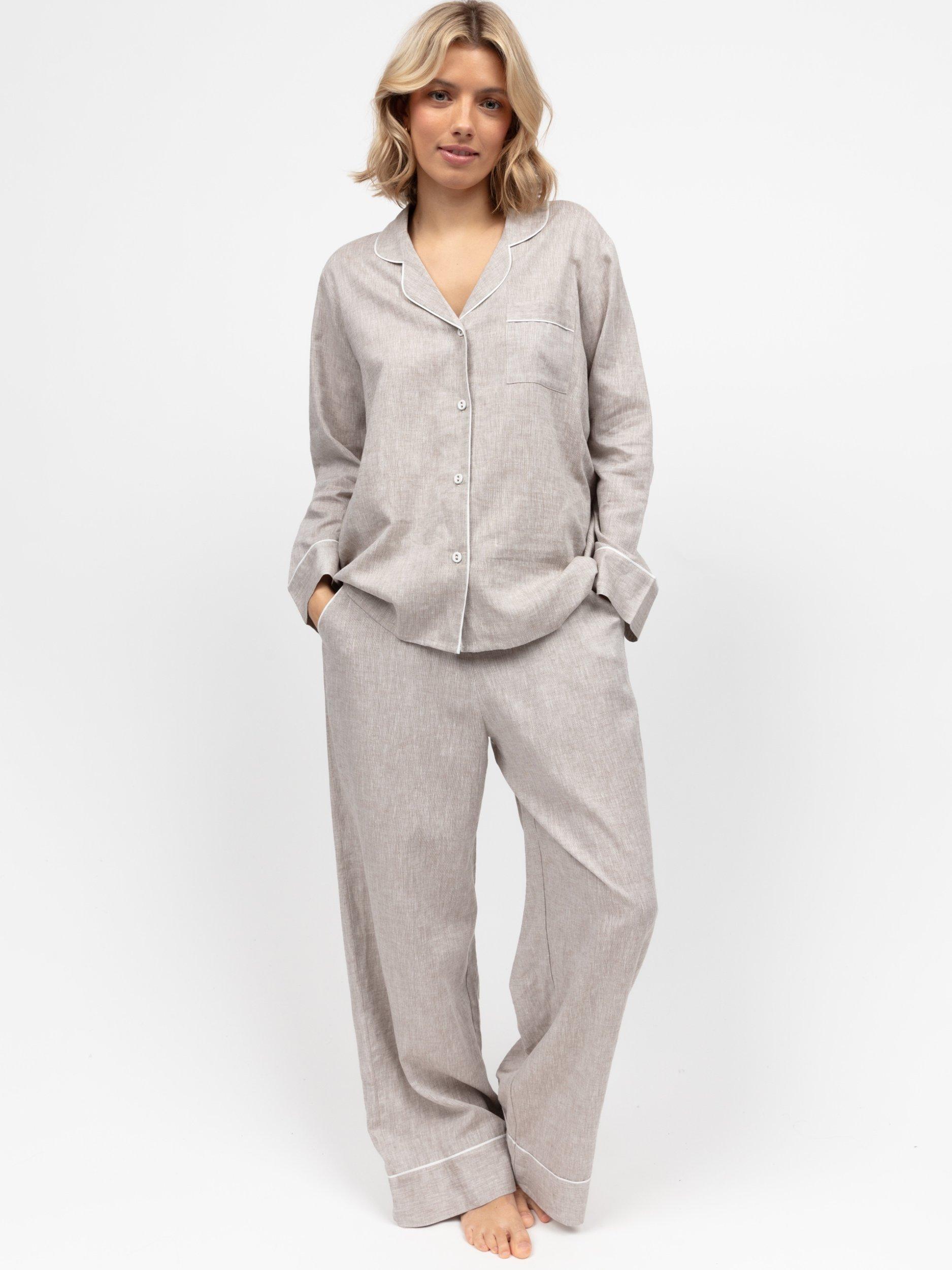 Product image 1 of 4, which shows Cyberjammies Linen Blend Shirt Long Pyjama Set, Mocha, 8