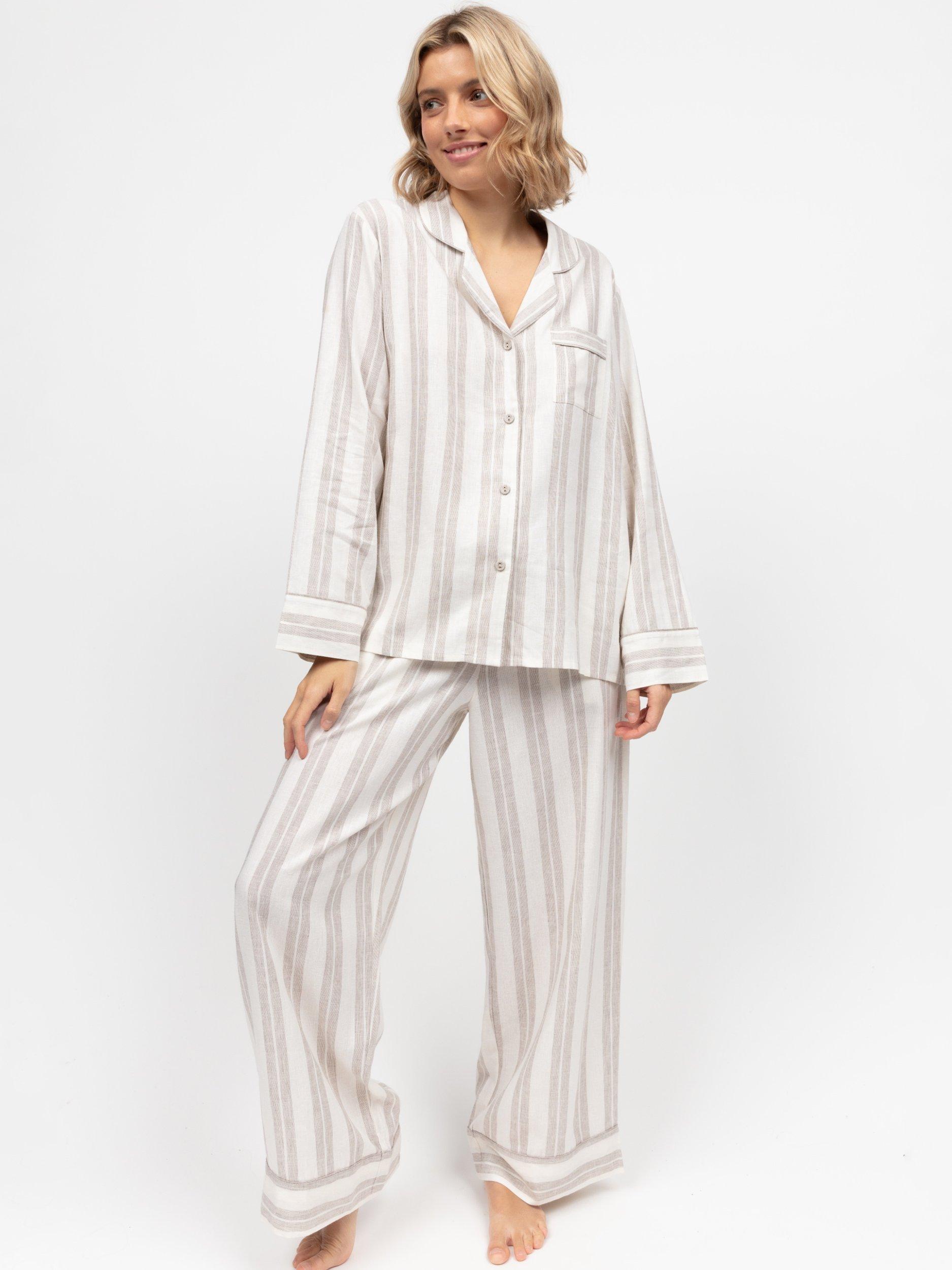Product image 1 of 4, which shows Cyberjammies Stripe Linen Blend Shirt Long Pyjama Set, Mocha, 8