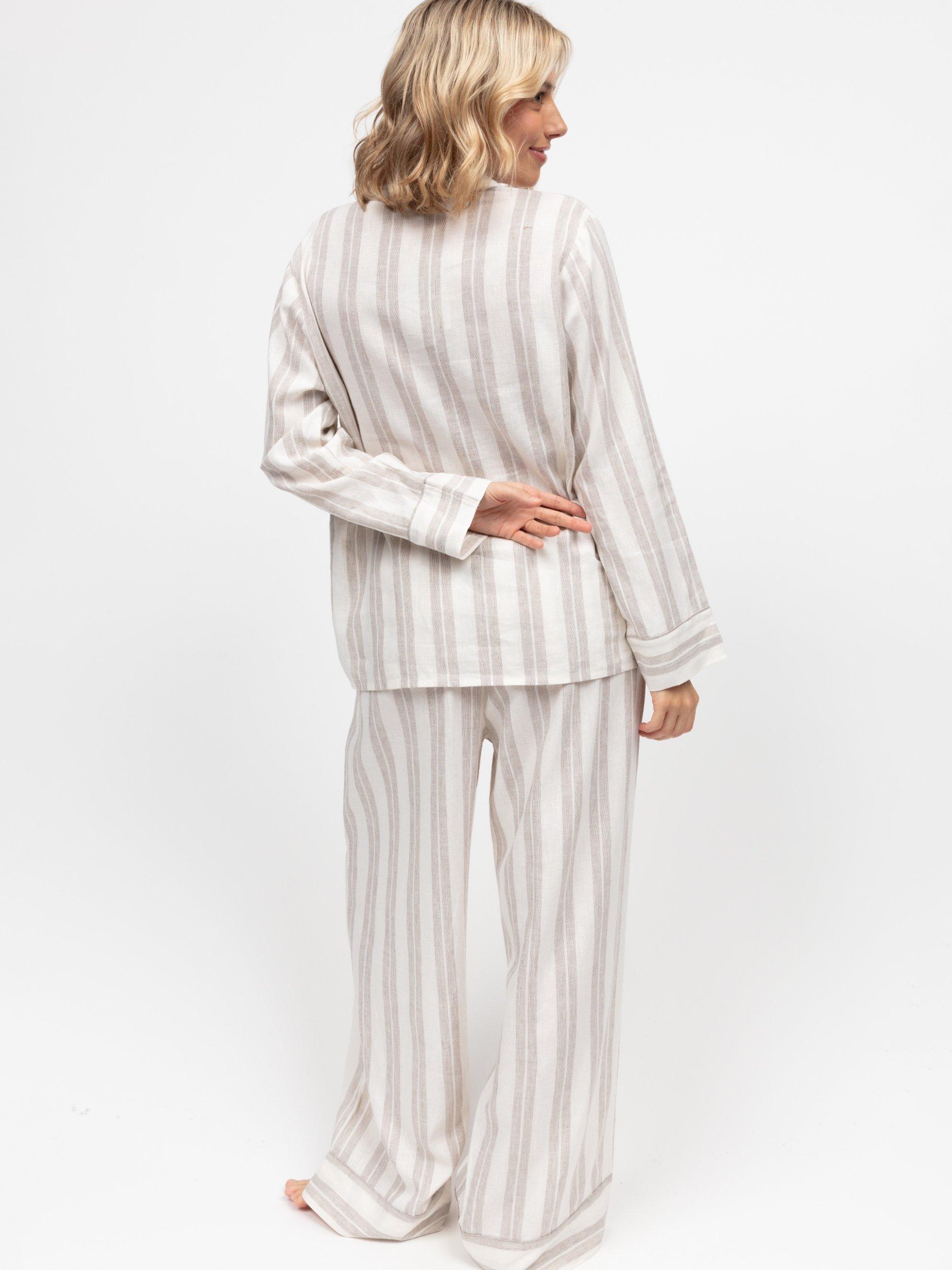 Product image 2 of 4, which shows Cyberjammies Stripe Linen Blend Shirt Long Pyjama Set, Mocha, 8