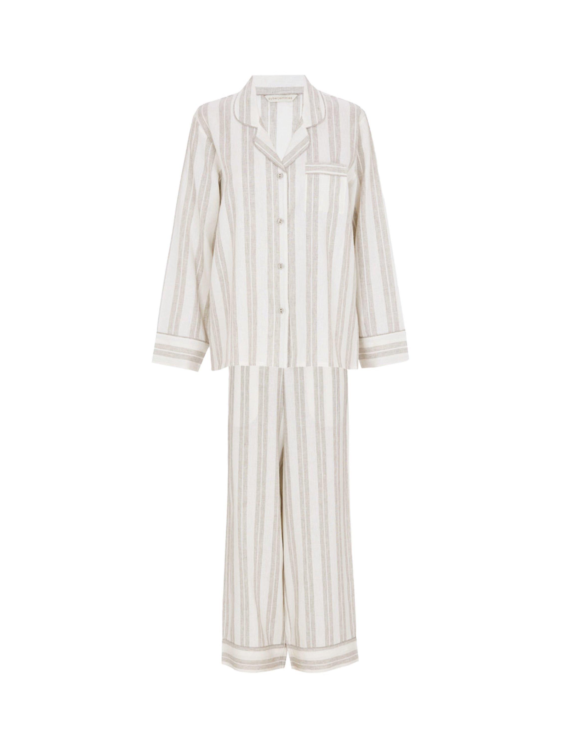 Product image 4 of 4, which shows Cyberjammies Stripe Linen Blend Shirt Long Pyjama Set, Mocha, 8