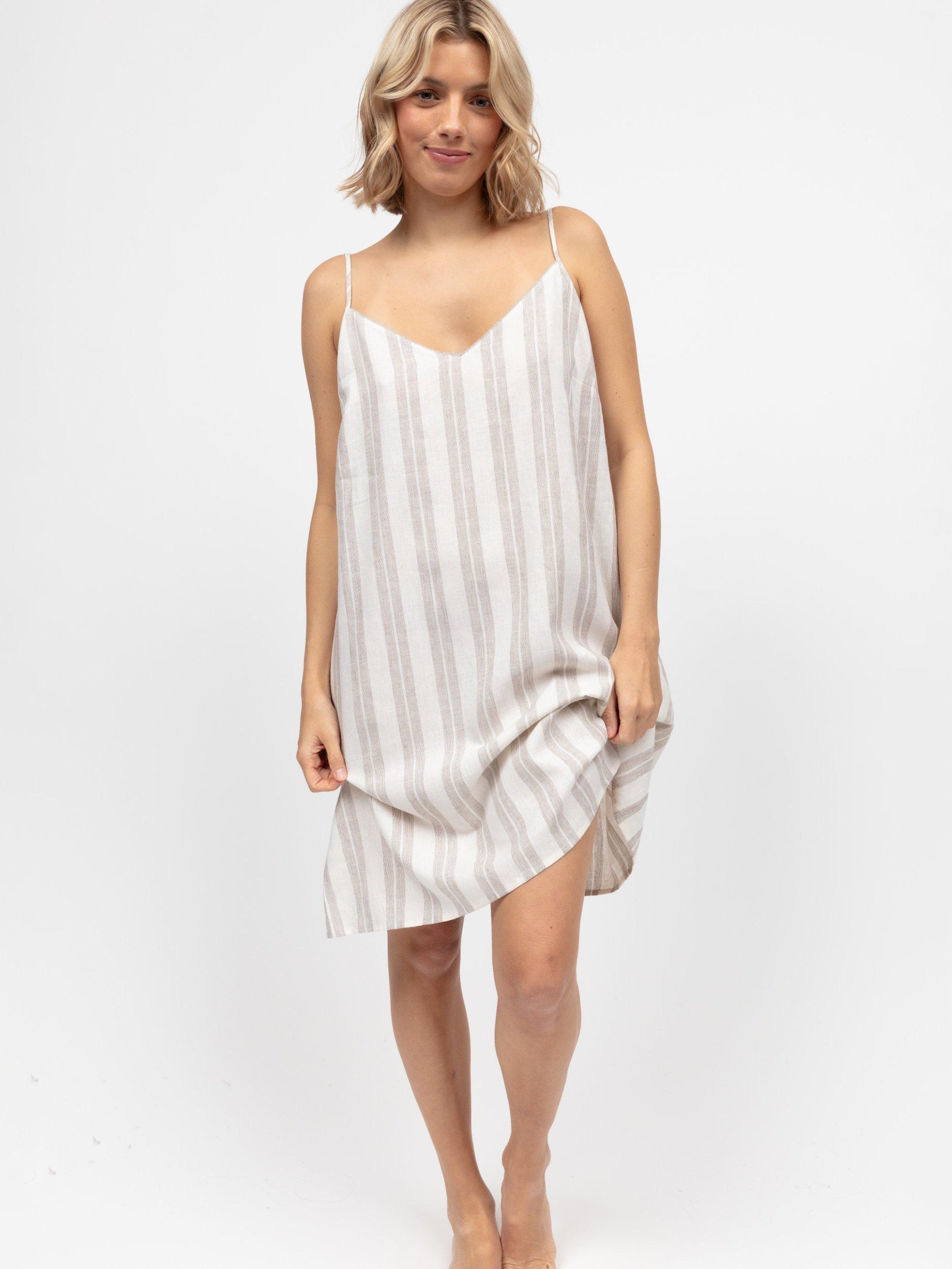 Product image 1 of 4, which shows Cyberjammies Stripe Strappy Linen Blend Nightdress, Mocha, 8