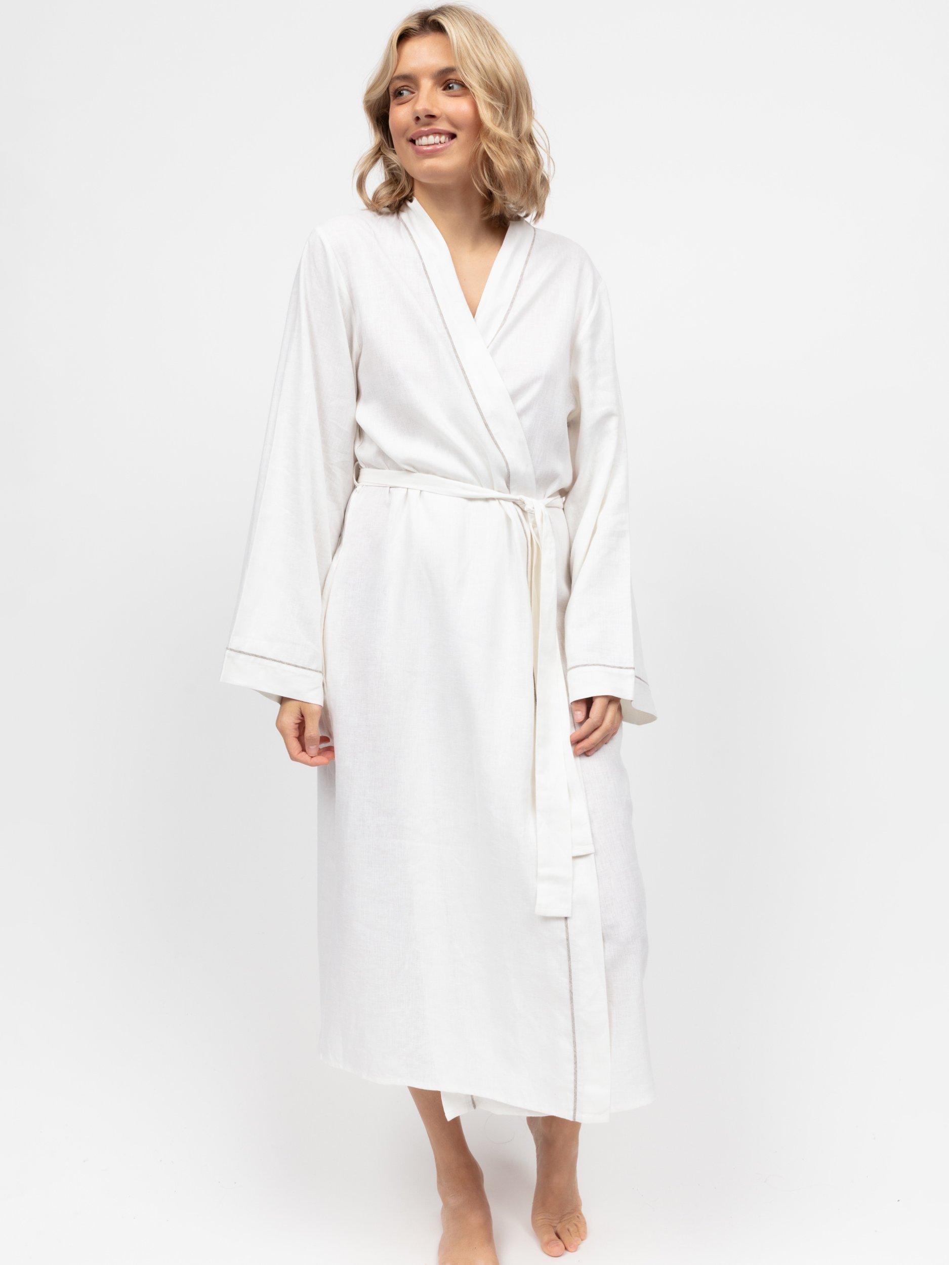 Product image 1 of 4, which shows Cyberjammies Linen Blend Long Dressing Gown, White, 8