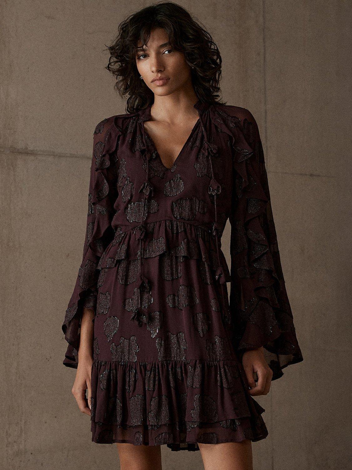 Mint Velvet Jacquard Cape Mini Dress, Purple/Multi