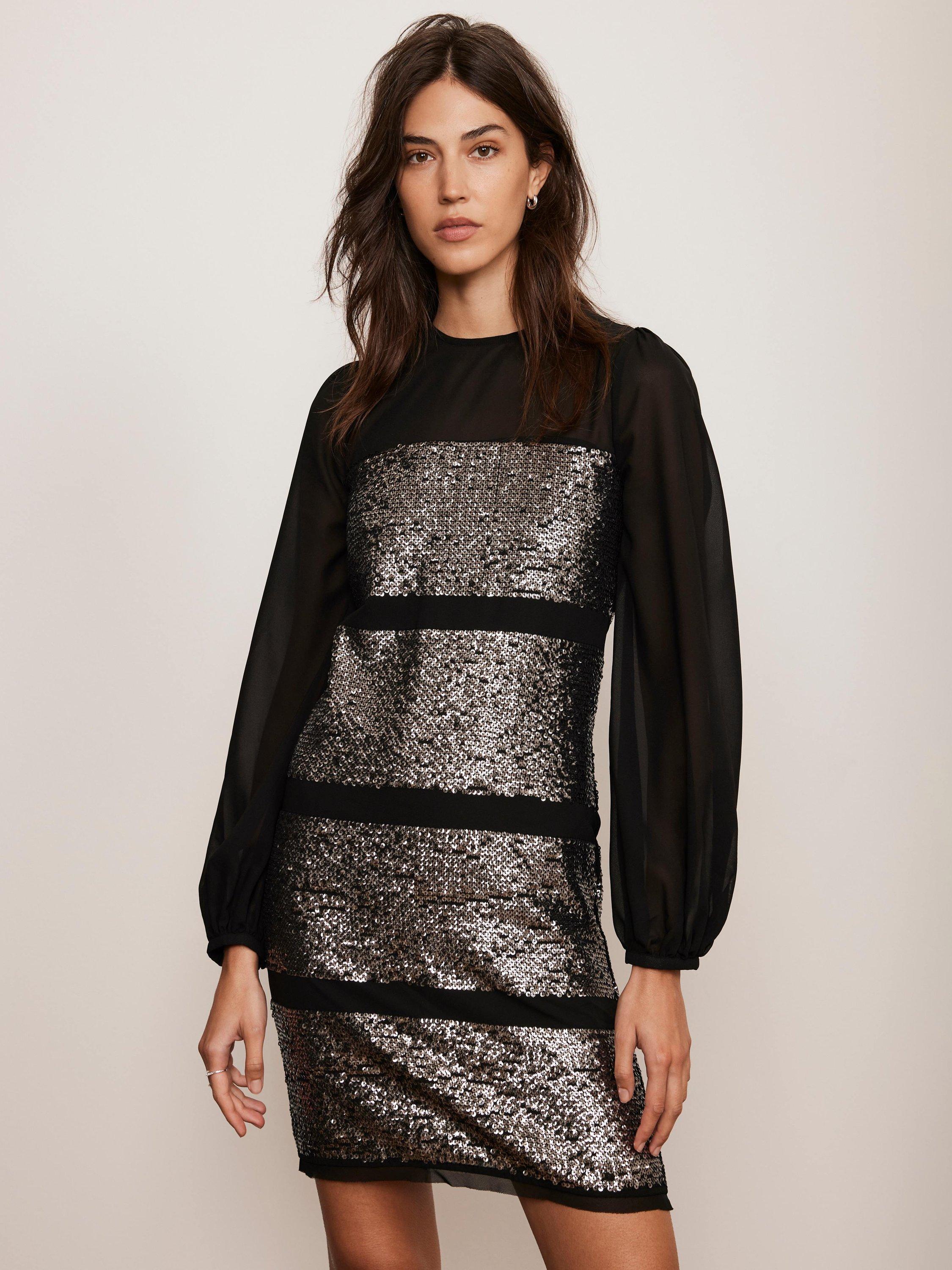 Mint Velvet Sequin Panel Mini Dress, Black