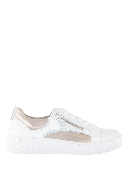 Gabor Wemo Leather Metallic Detail Trainers, White/Pale Gold, White/Pale Gold