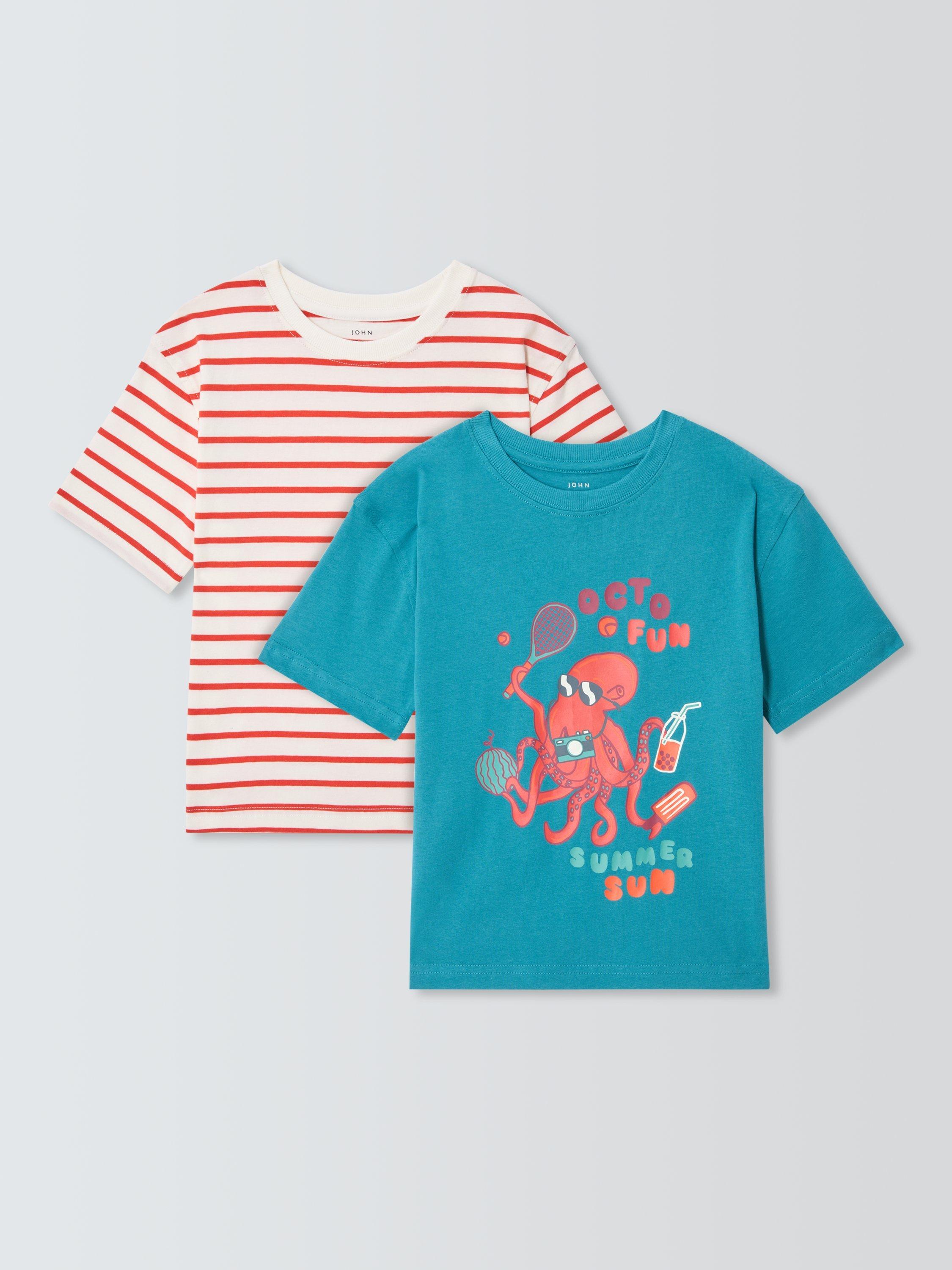 Product image 1 of 7, which shows John Lewis Kids' Stripe/Octopus T-Shirts, Pack of 2, Multi, 3 years