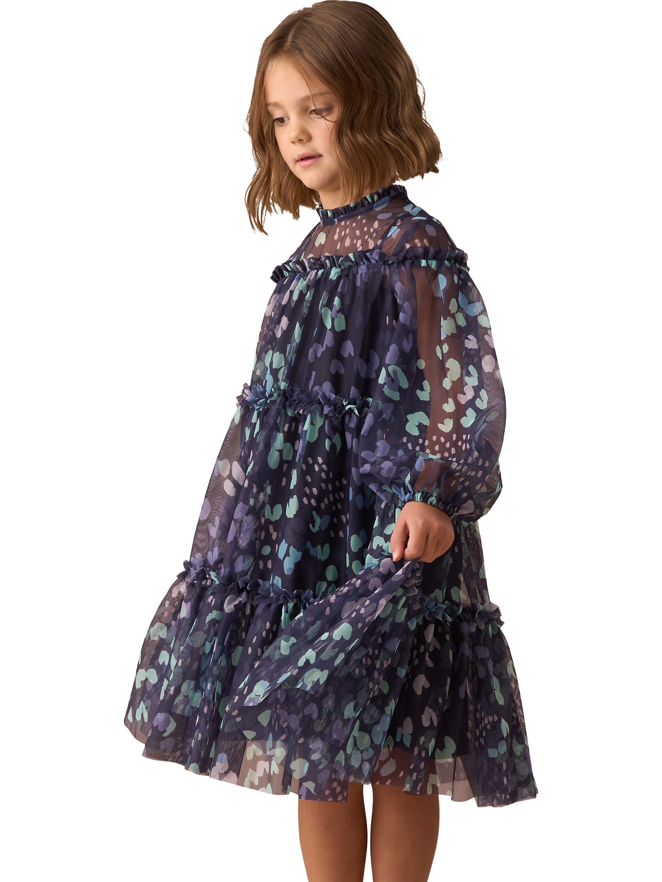 Product image 1 of 4, which shows Angel & Rocket Kids' Cara Printed Swing Mesh Dress, Blue/Multi, 7 years
