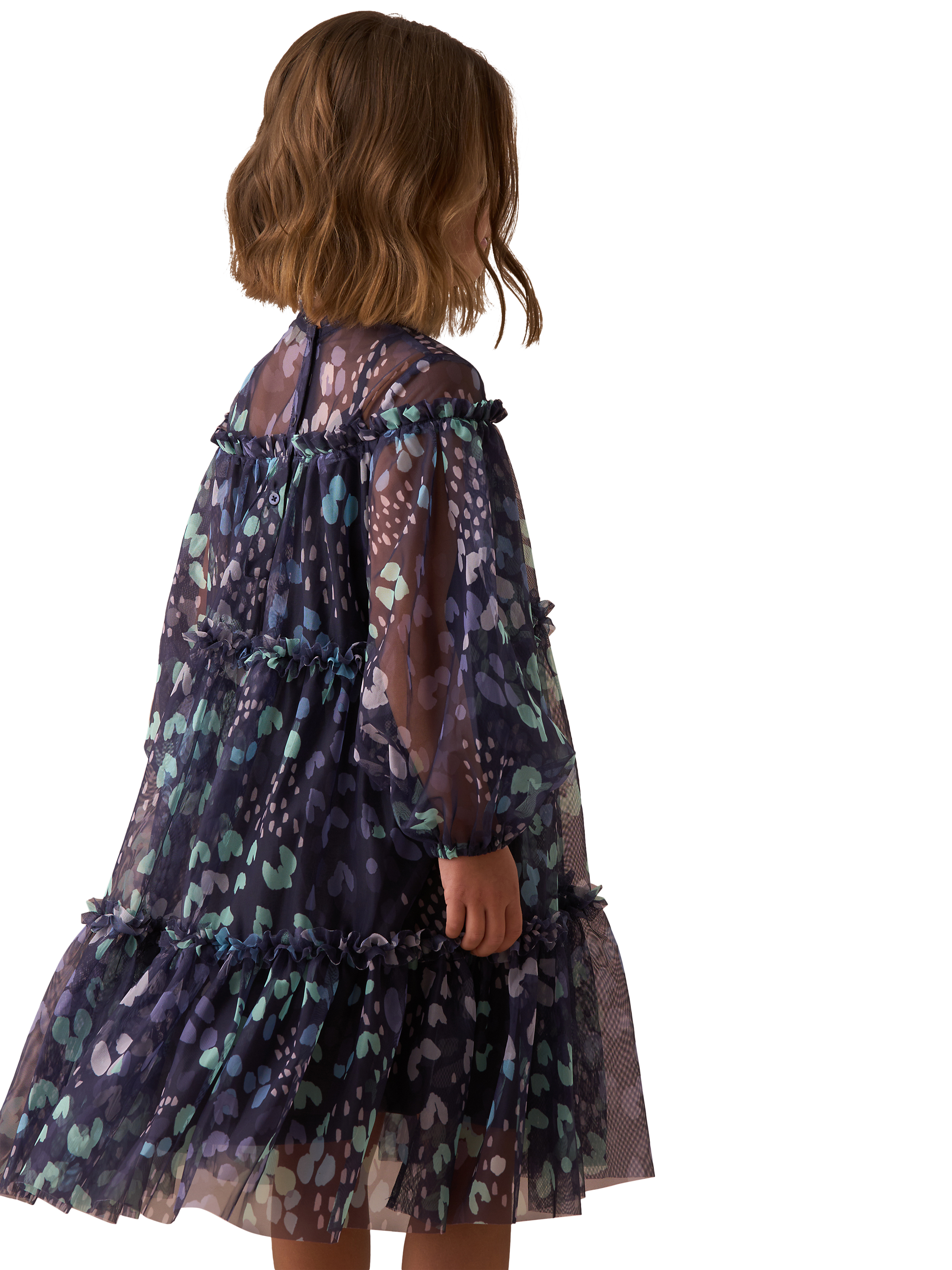 Product image 2 of 4, which shows Angel & Rocket Kids' Cara Printed Swing Mesh Dress, Blue/Multi, 7 years