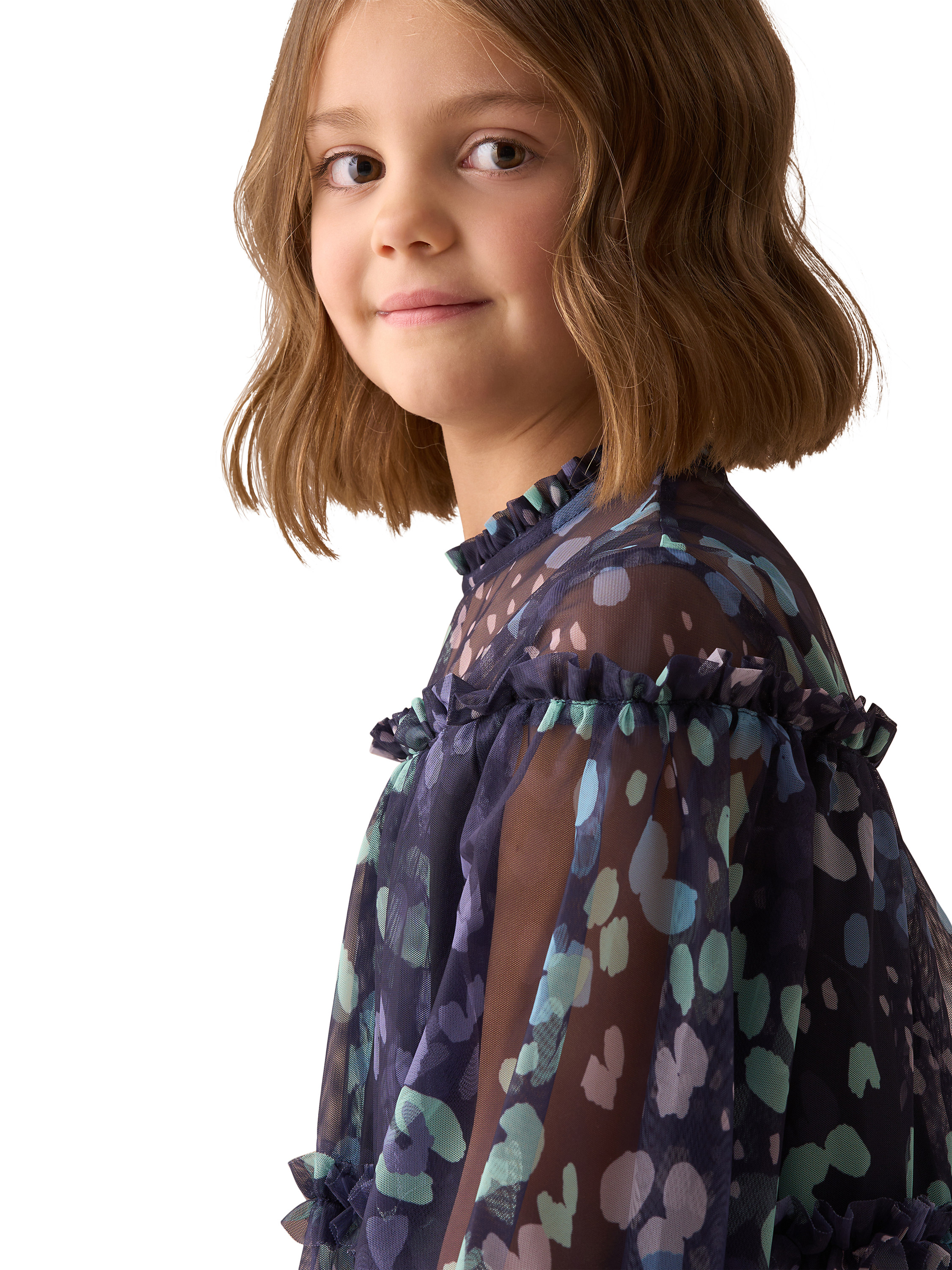 Product image 3 of 4, which shows Angel & Rocket Kids' Cara Printed Swing Mesh Dress, Blue/Multi, 7 years