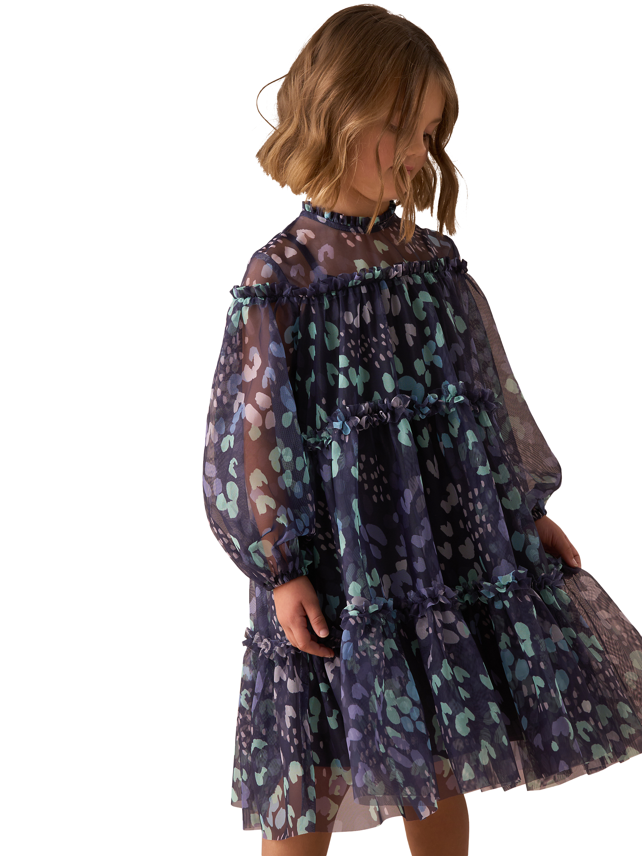 Product image 4 of 4, which shows Angel & Rocket Kids' Cara Printed Swing Mesh Dress, Blue/Multi, 7 years