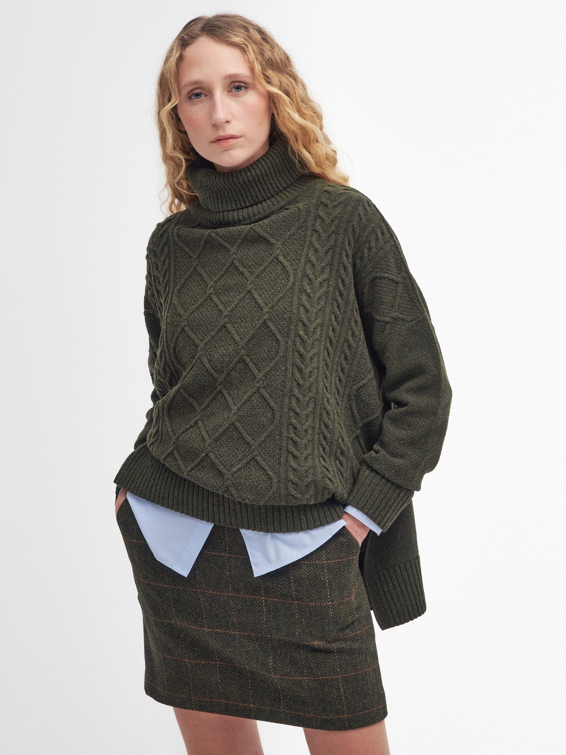 Barbour Burne Cable Kint Cape Jumper, Olive