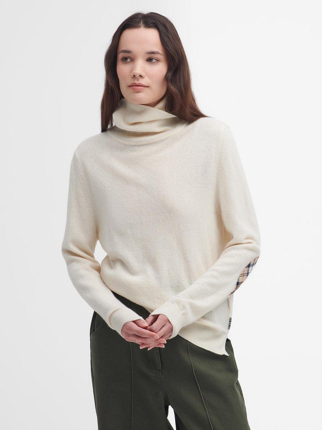Barbour Pendle Wool Blend Roll Neck Jumper, Ecru/Hessian Tartan