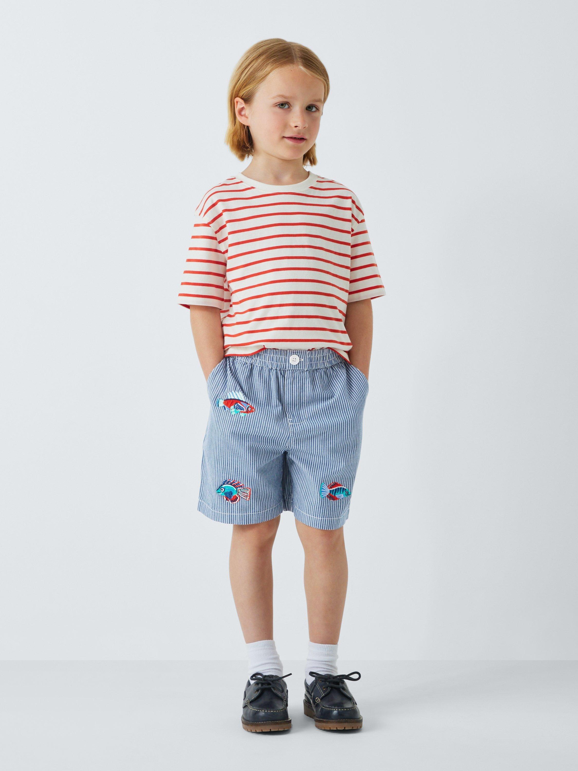 Product image 2 of 7, which shows John Lewis Kids' Stripe Embroidered Fish Shorts, Blue, 2 years