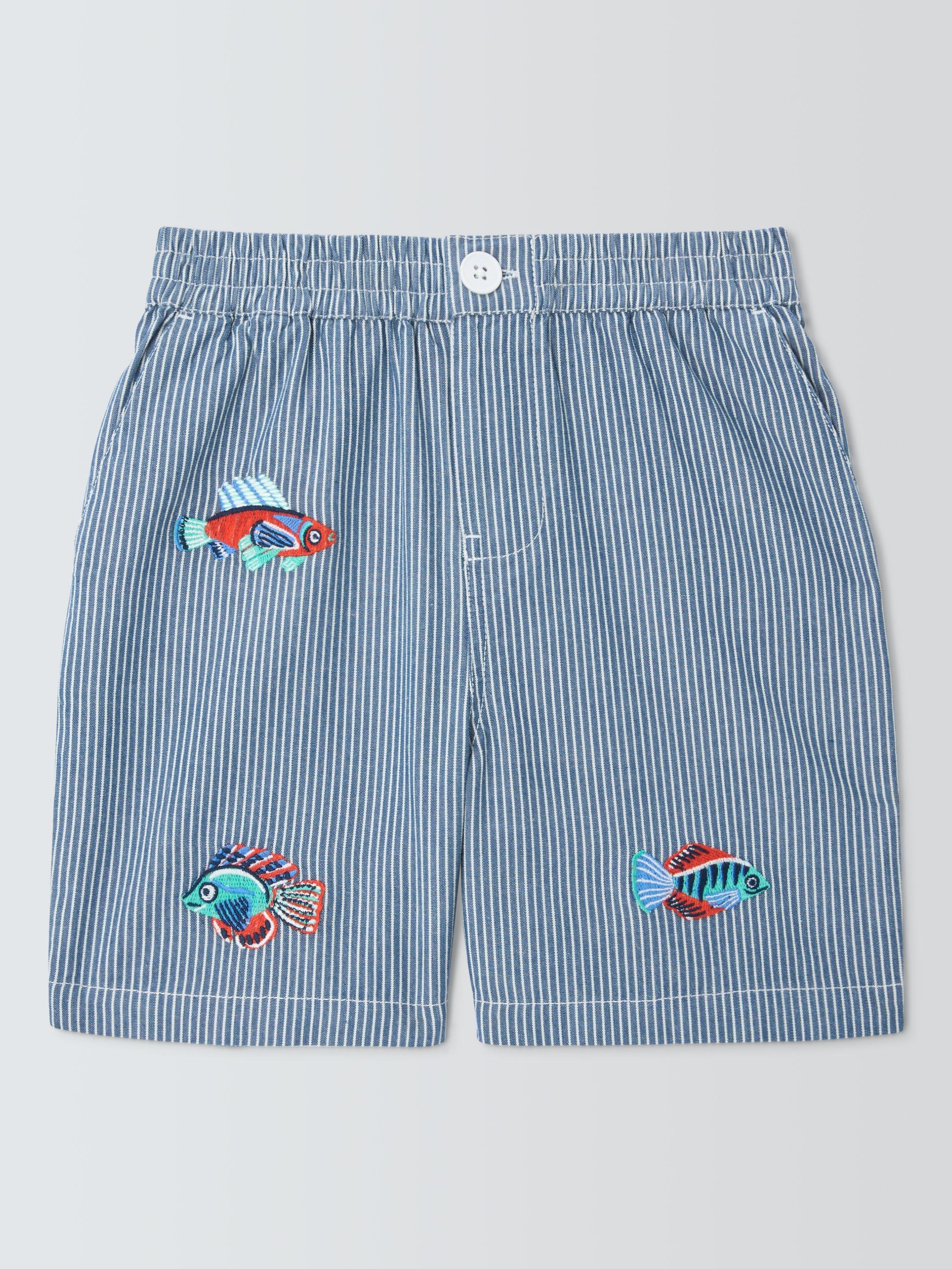 Product image 3 of 7, which shows John Lewis Kids' Stripe Embroidered Fish Shorts, Blue, 2 years