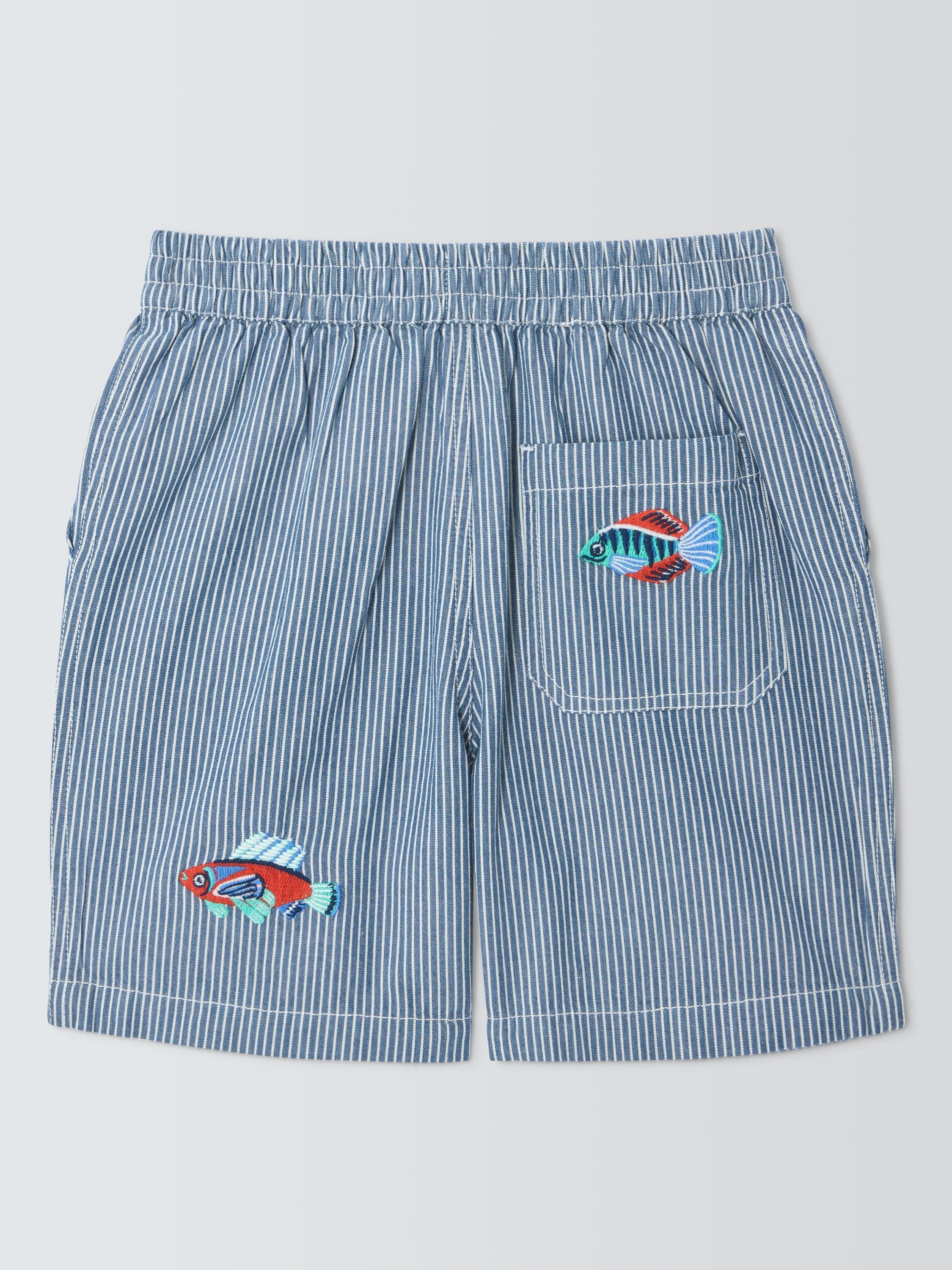 Product image 4 of 7, which shows John Lewis Kids' Stripe Embroidered Fish Shorts, Blue, 2 years