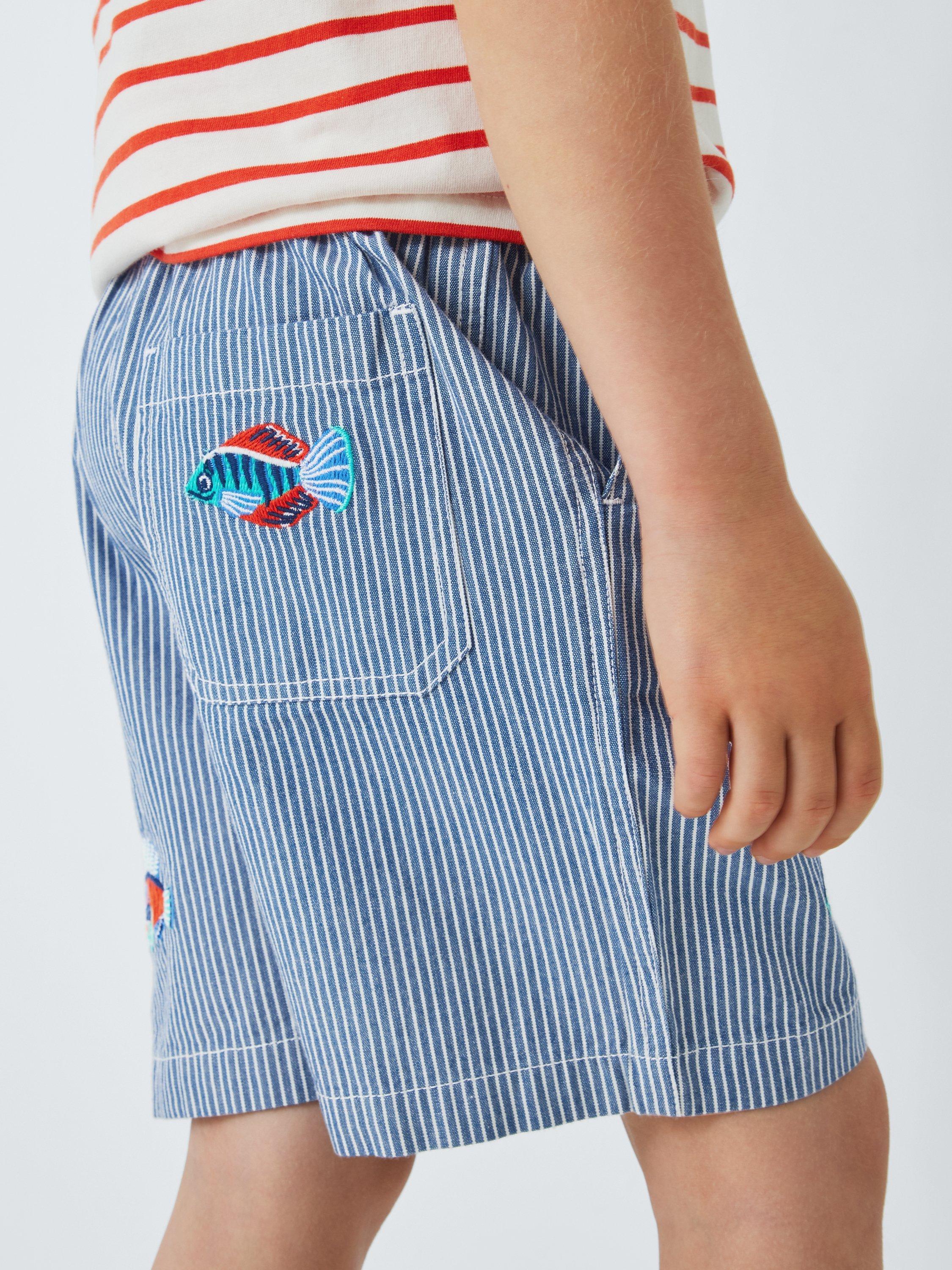 Product image 6 of 7, which shows John Lewis Kids' Stripe Embroidered Fish Shorts, Blue, 2 years