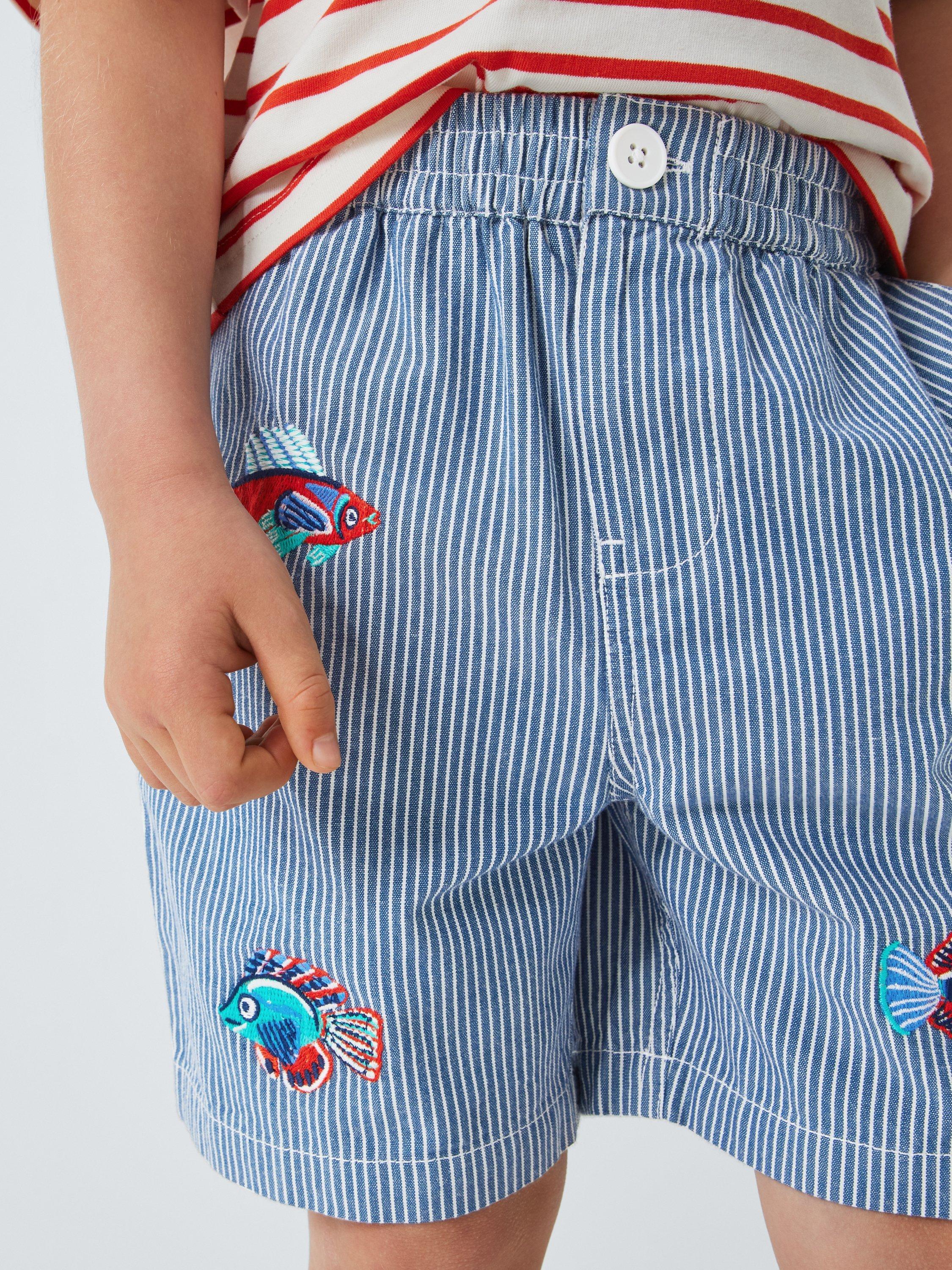 Product image 7 of 7, which shows John Lewis Kids' Stripe Embroidered Fish Shorts, Blue, 2 years