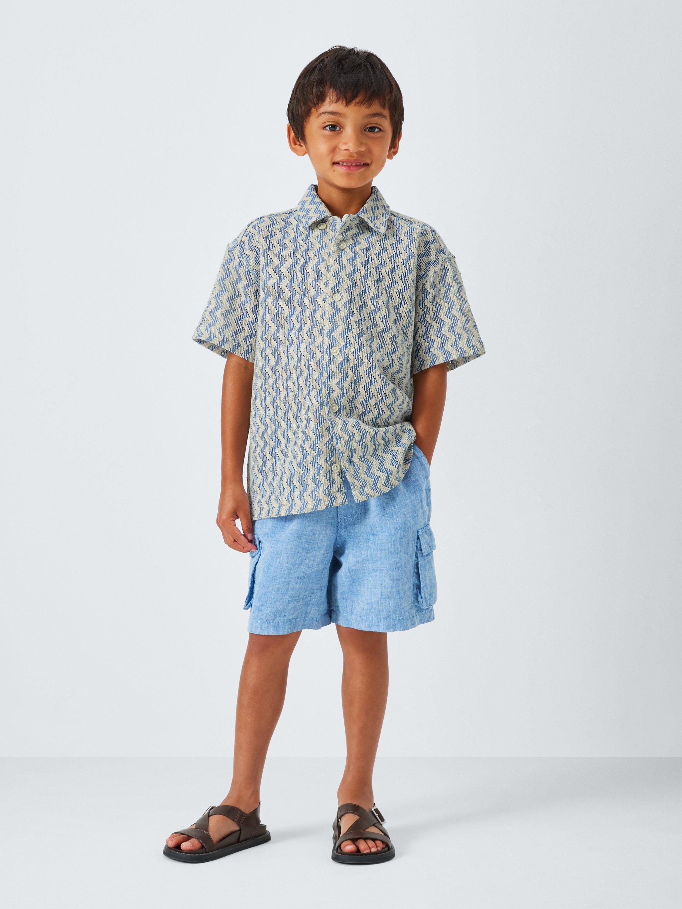 Product image 2 of 9, which shows John Lewis Kids' Zig Zag Crochet Shirt, Blue, 2 years