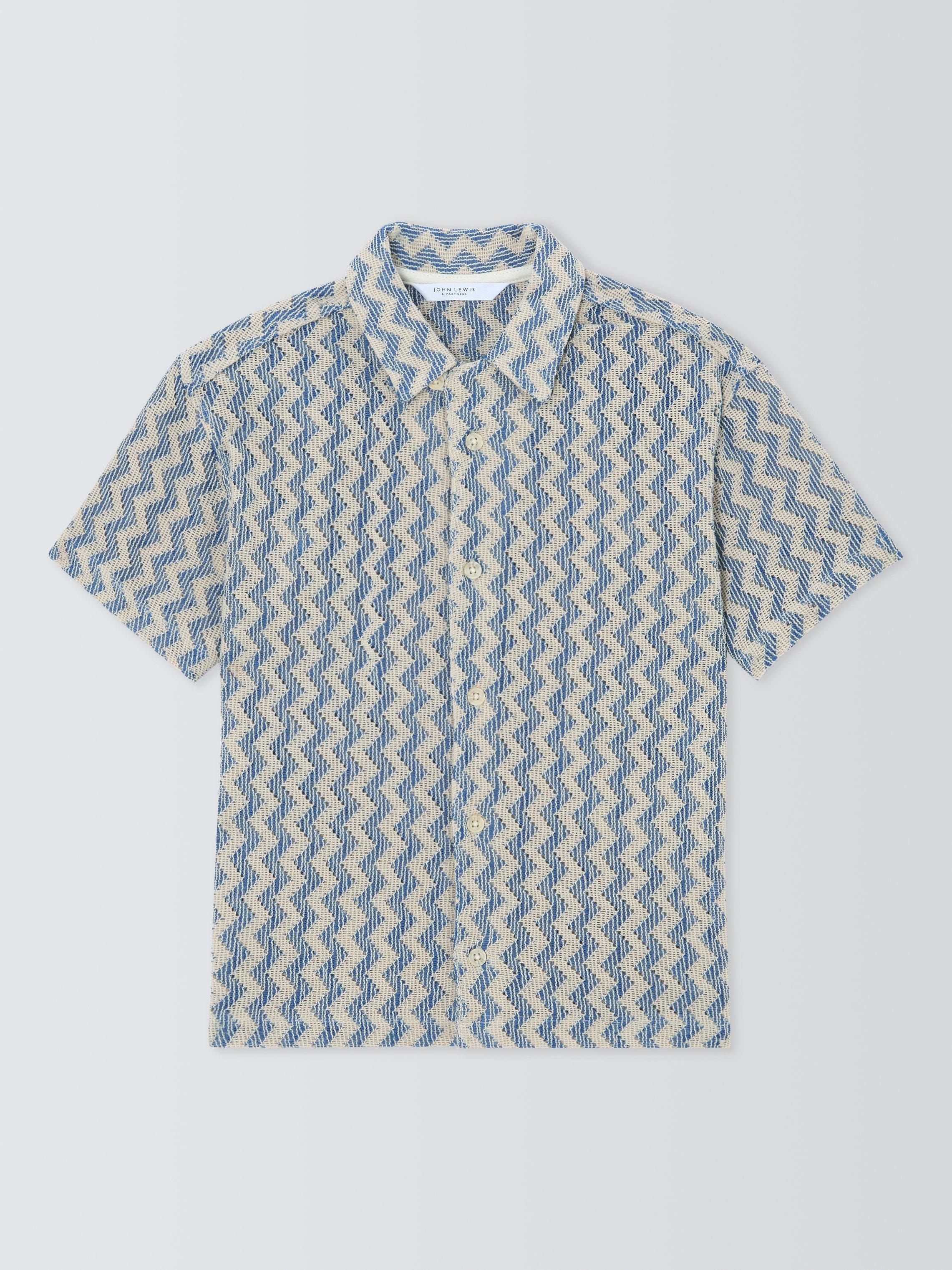 Product image 3 of 9, which shows John Lewis Kids' Zig Zag Crochet Shirt, Blue, 2 years