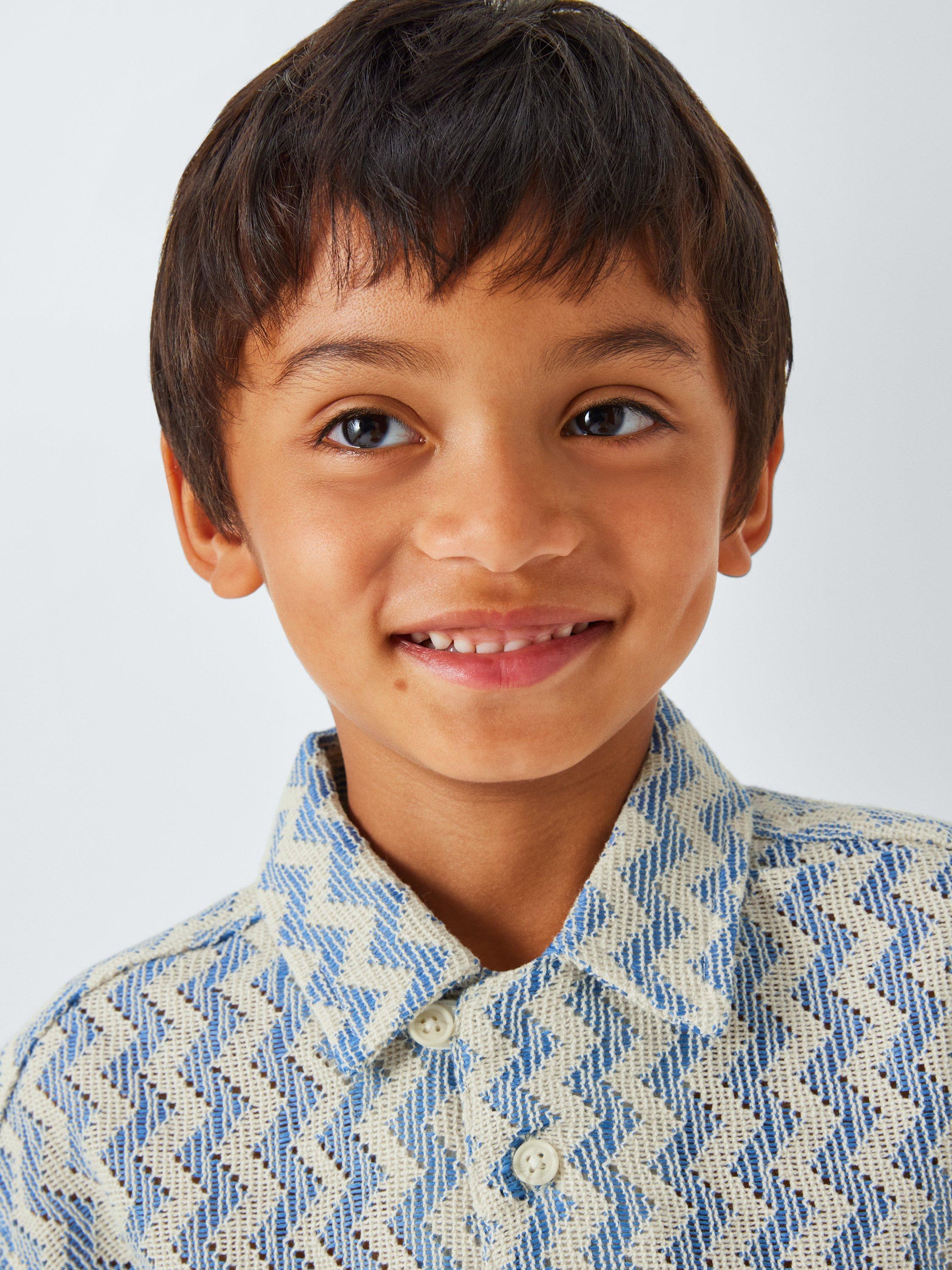 Product image 6 of 9, which shows John Lewis Kids' Zig Zag Crochet Shirt, Blue, 2 years
