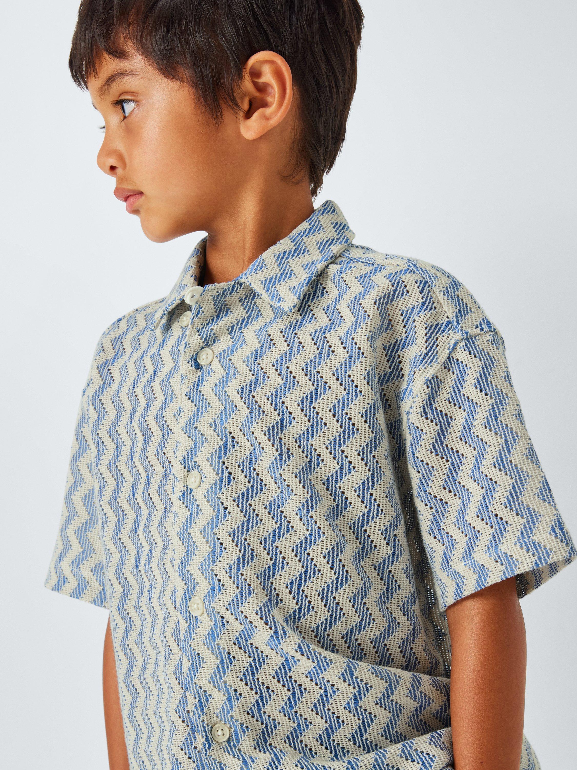 Product image 7 of 9, which shows John Lewis Kids' Zig Zag Crochet Shirt, Blue, 2 years