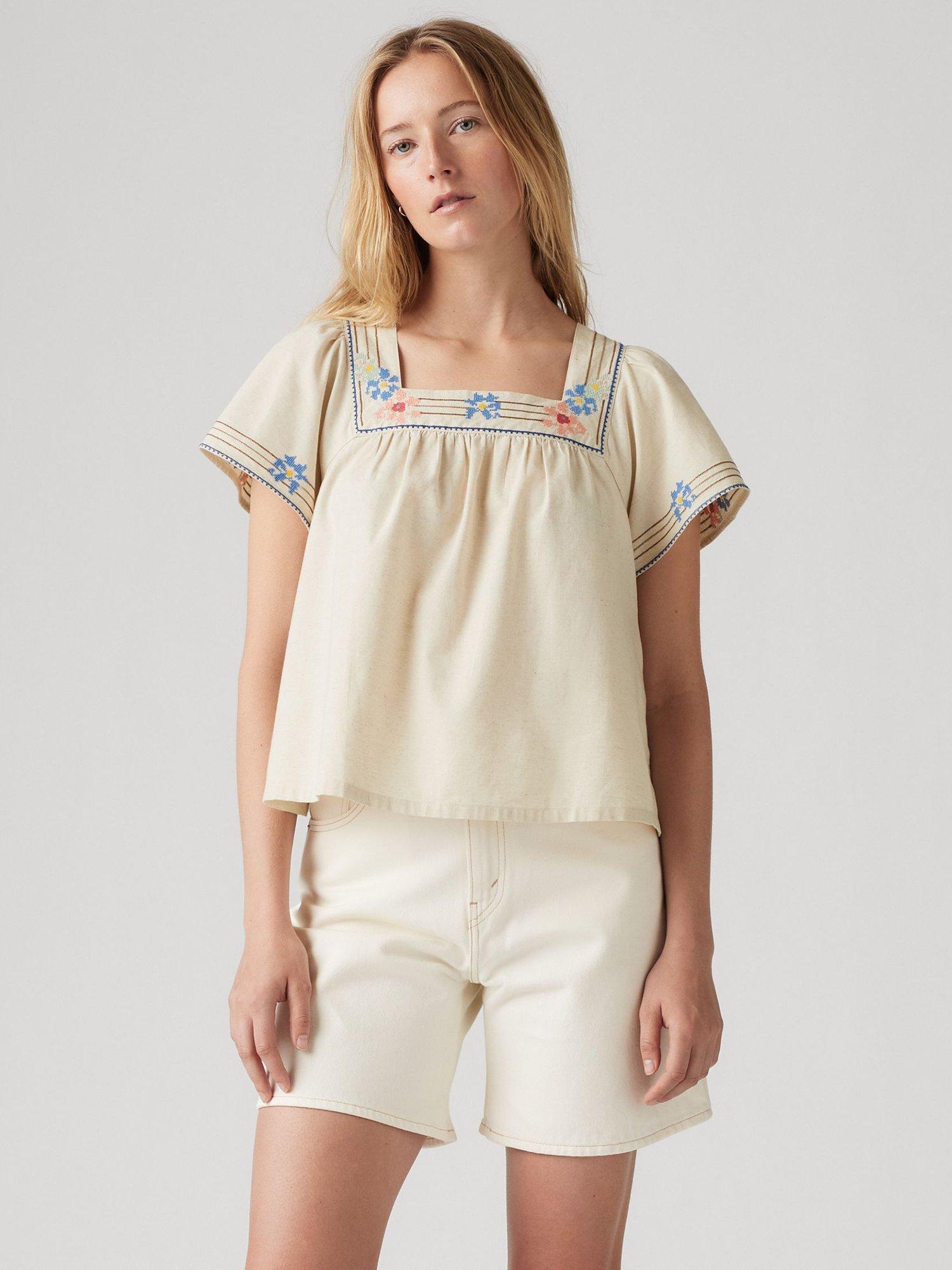 Product image 1 of 4, which shows Levi's Ambre Babydoll Top, Oatmeal/Multi, M