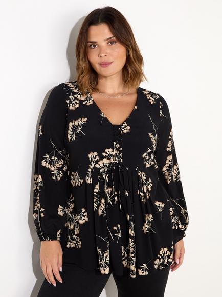 Live Unlimited Curve Floral Tie Front Top, Black/Sand, Black/Sand