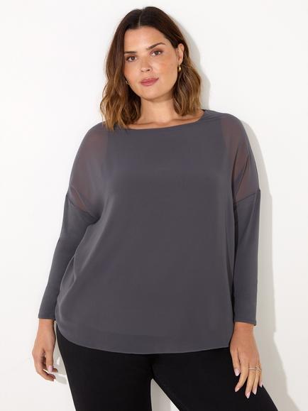 Live Unlimited Curve Chiffon Overlay Top, Grey