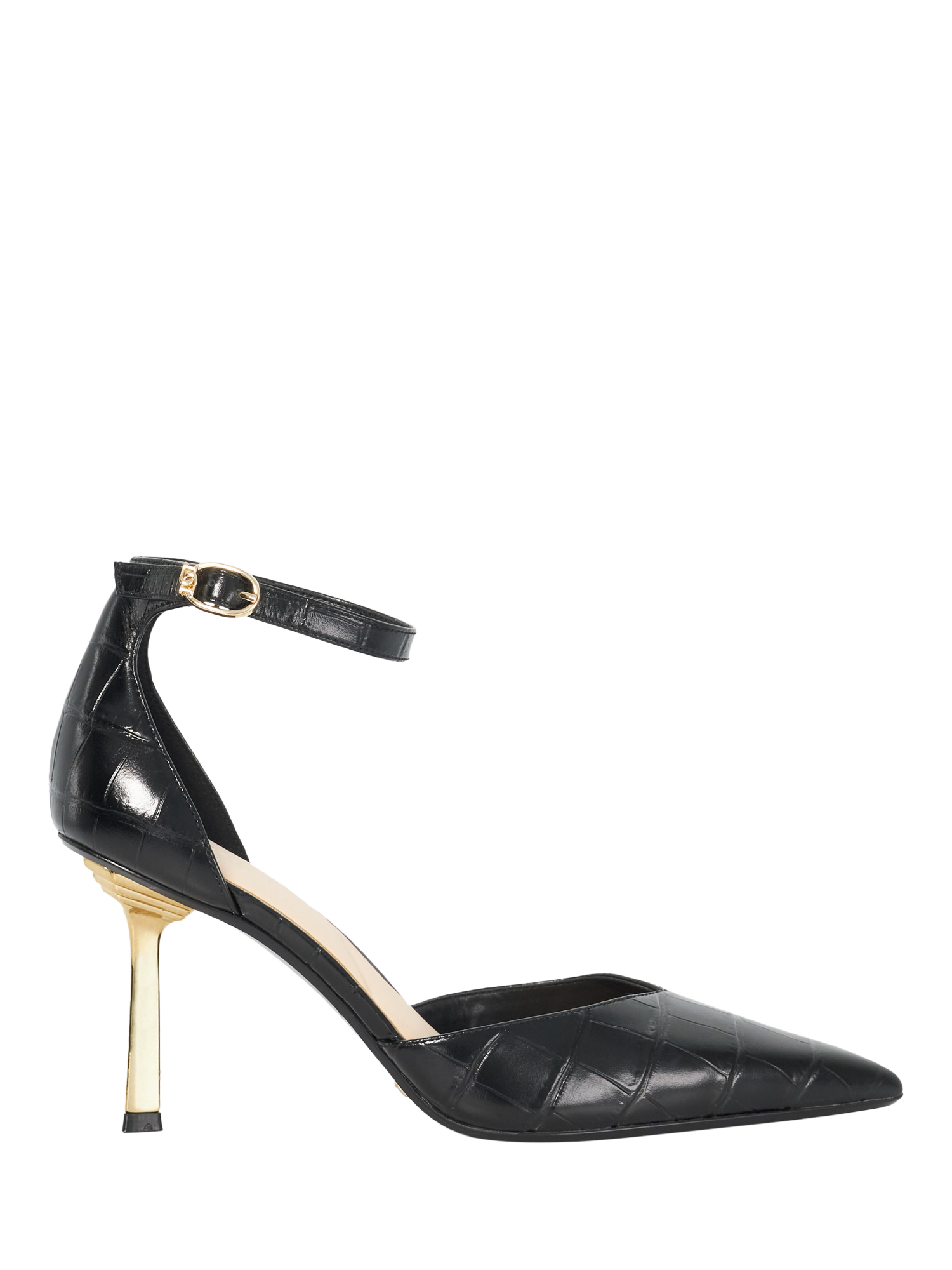 Product image 1 of 5, which shows Dune Colly Leather Croc Effect Ankle Strap Emerald Heel Court Shoes, Black, EU36