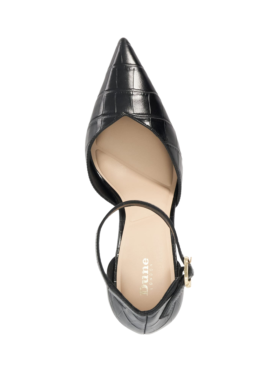 Product image 2 of 5, which shows Dune Colly Leather Croc Effect Ankle Strap Emerald Heel Court Shoes, Black, EU36