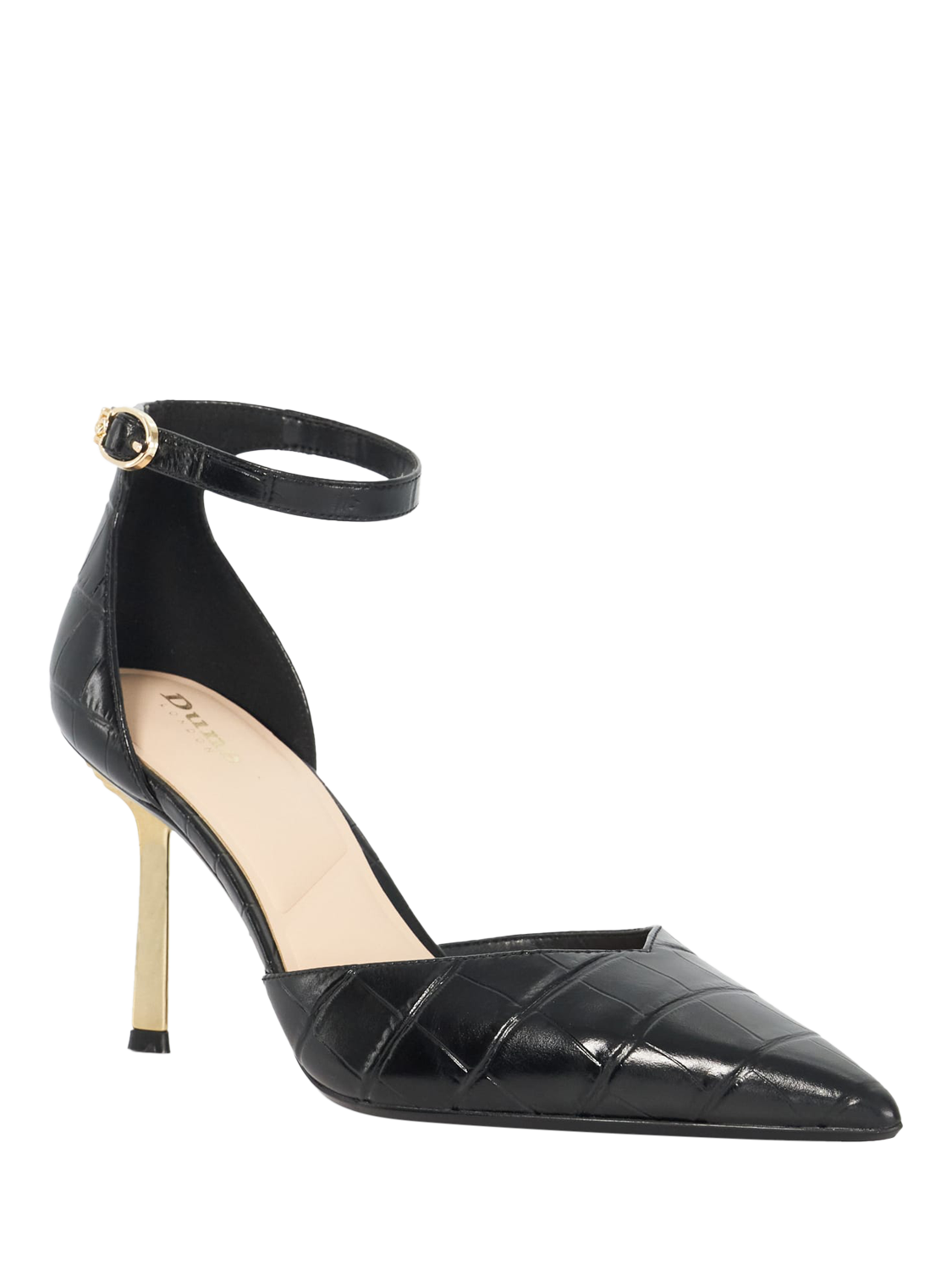 Product image 3 of 5, which shows Dune Colly Leather Croc Effect Ankle Strap Emerald Heel Court Shoes, Black, EU36