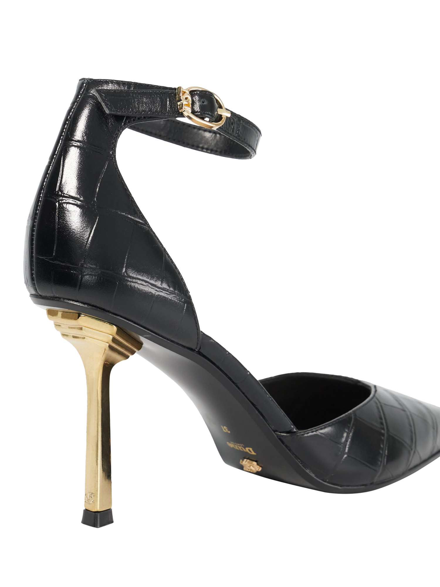 Product image 5 of 5, which shows Dune Colly Leather Croc Effect Ankle Strap Emerald Heel Court Shoes, Black, EU36