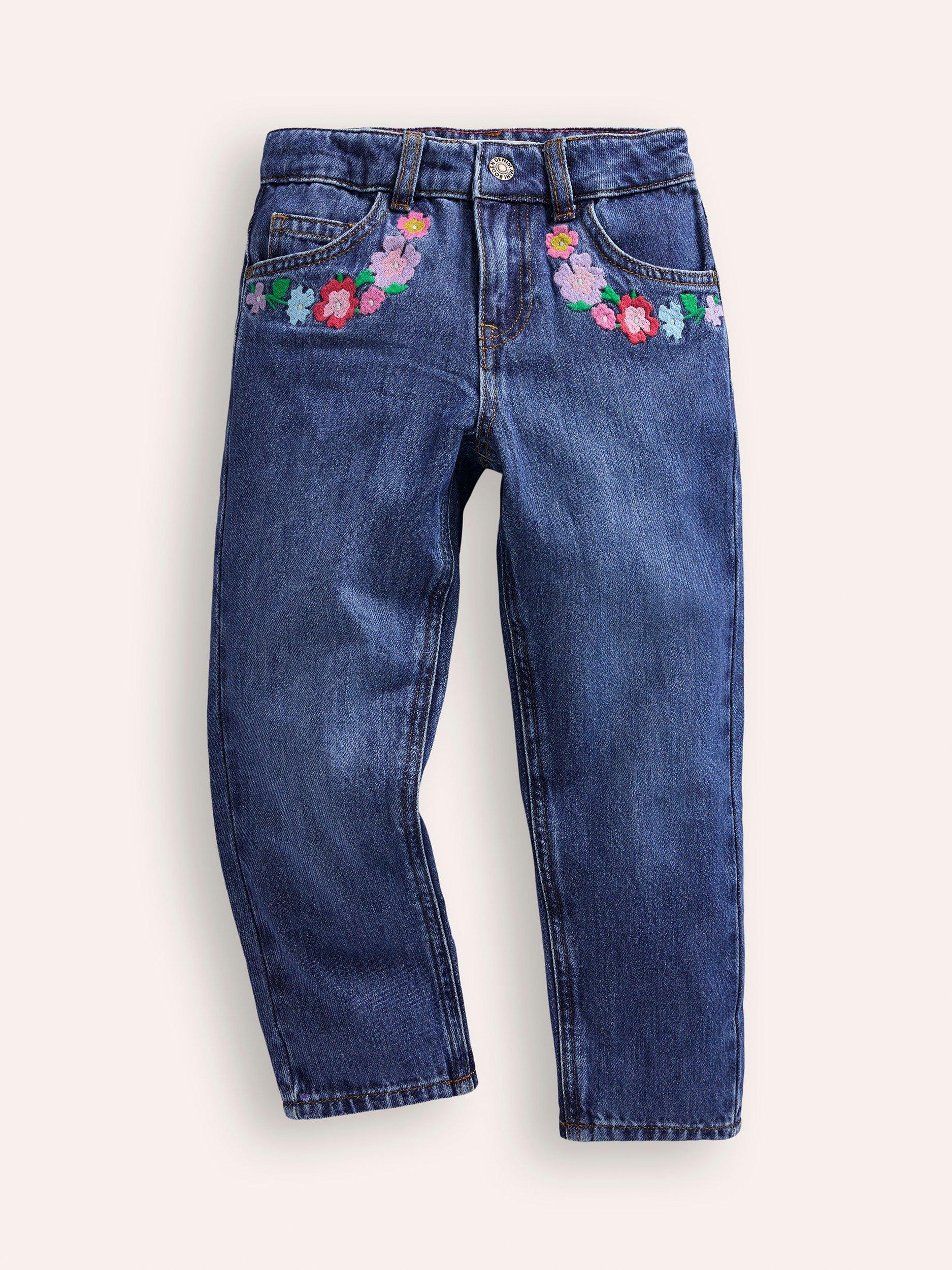 Mini Boden Kids' Relaxed Straight Jeans, Blue/Floral Embroidery