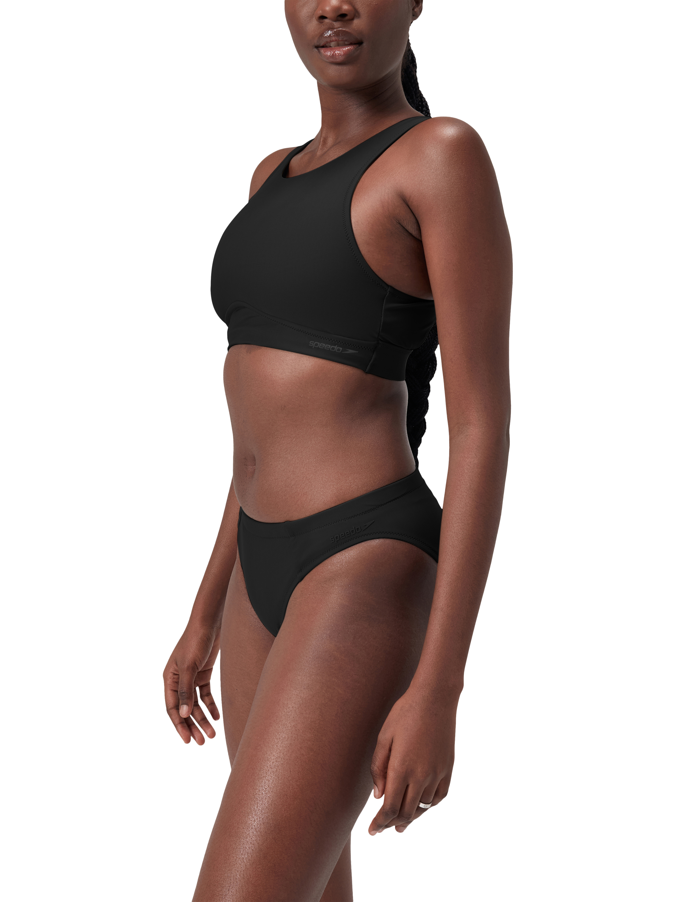 Product image 3 of 6, which shows Speedo Mix and Match Fitness High Neck Crop Bikini Top, Anthracite, XS