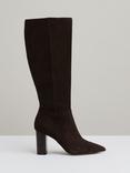 Reiss Bianca Suede Block Heel Knee High Boots, Chocolate