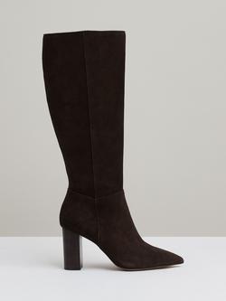 Reiss Bianca Suede Block Heel Knee High Boots, Chocolate, Chocolate
