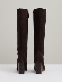 Reiss Bianca Suede Block Heel Knee High Boots, Chocolate - view 2, Chocolate