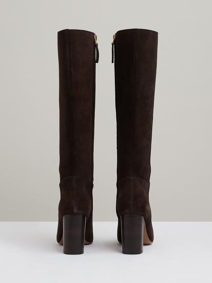 Reiss Bianca Suede Block Heel Knee High Boots, Chocolate - view 2, Chocolate