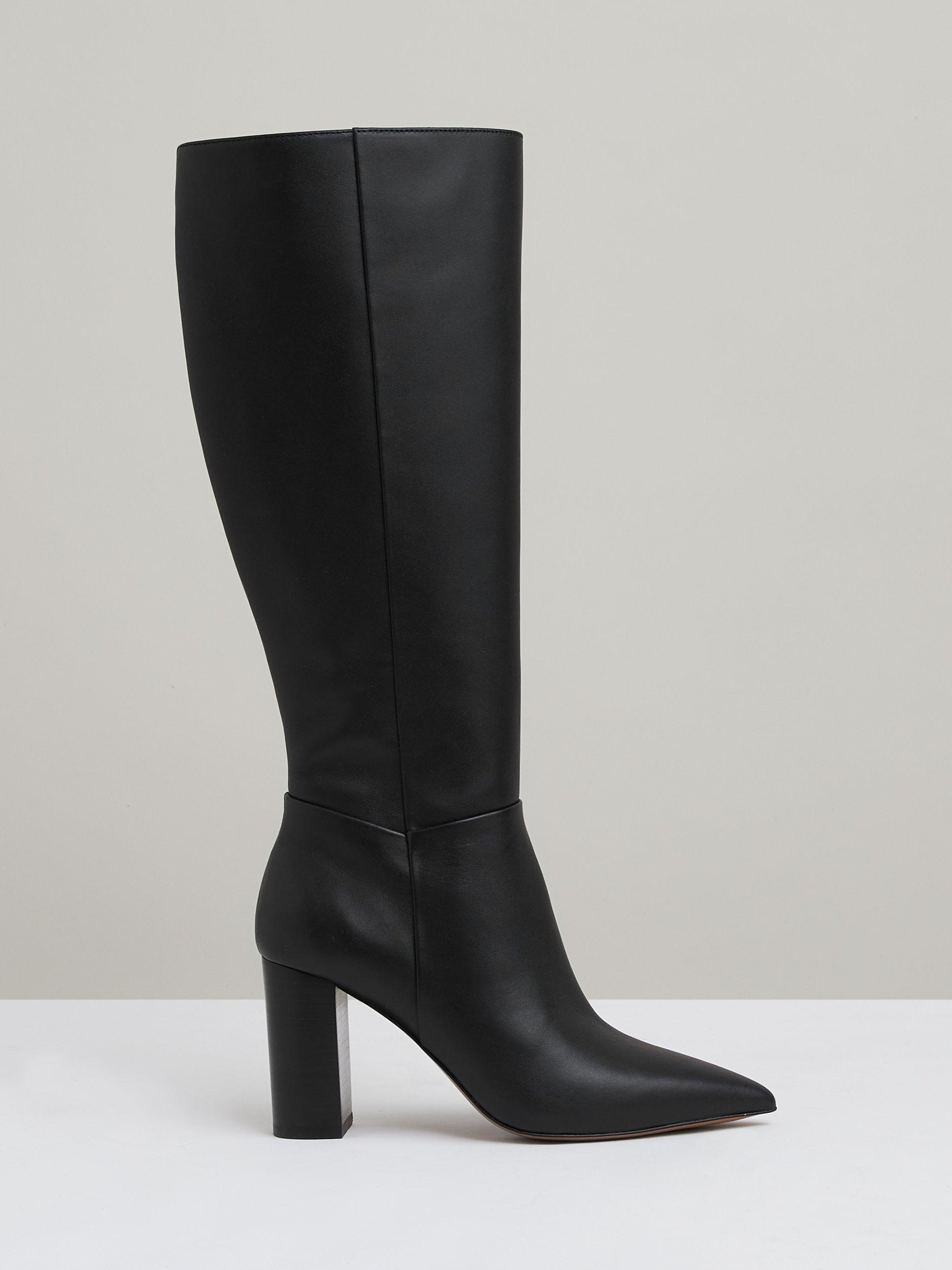 Product image 1 of 4, which shows Reiss Bianca Leather Block Heel Knee High Boots, Black, 3