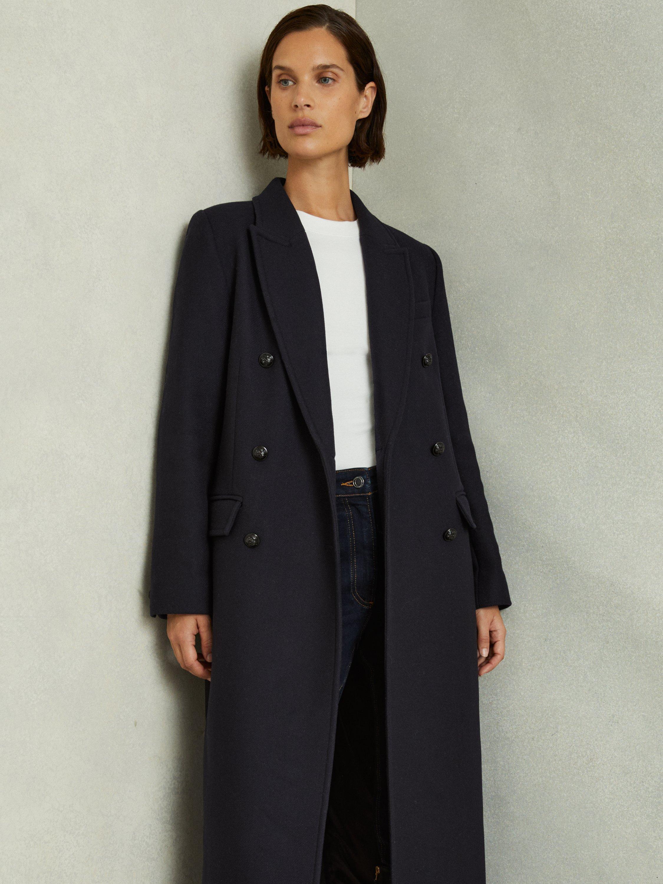 Reiss Florence Wool Blend Double Breasted Long Coat Navy