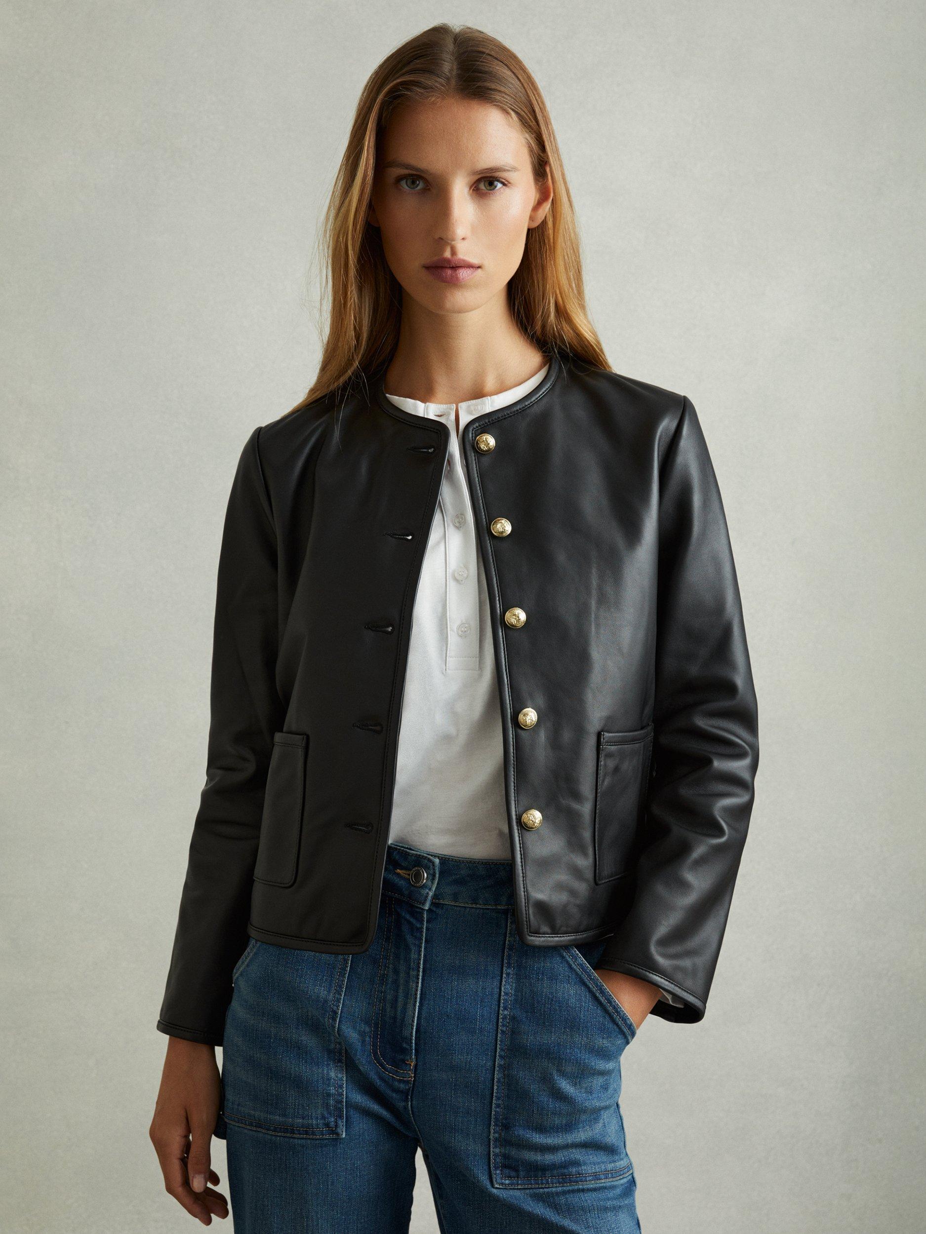 Reiss Gracie Leather Boxy Cropped Jacket, Black