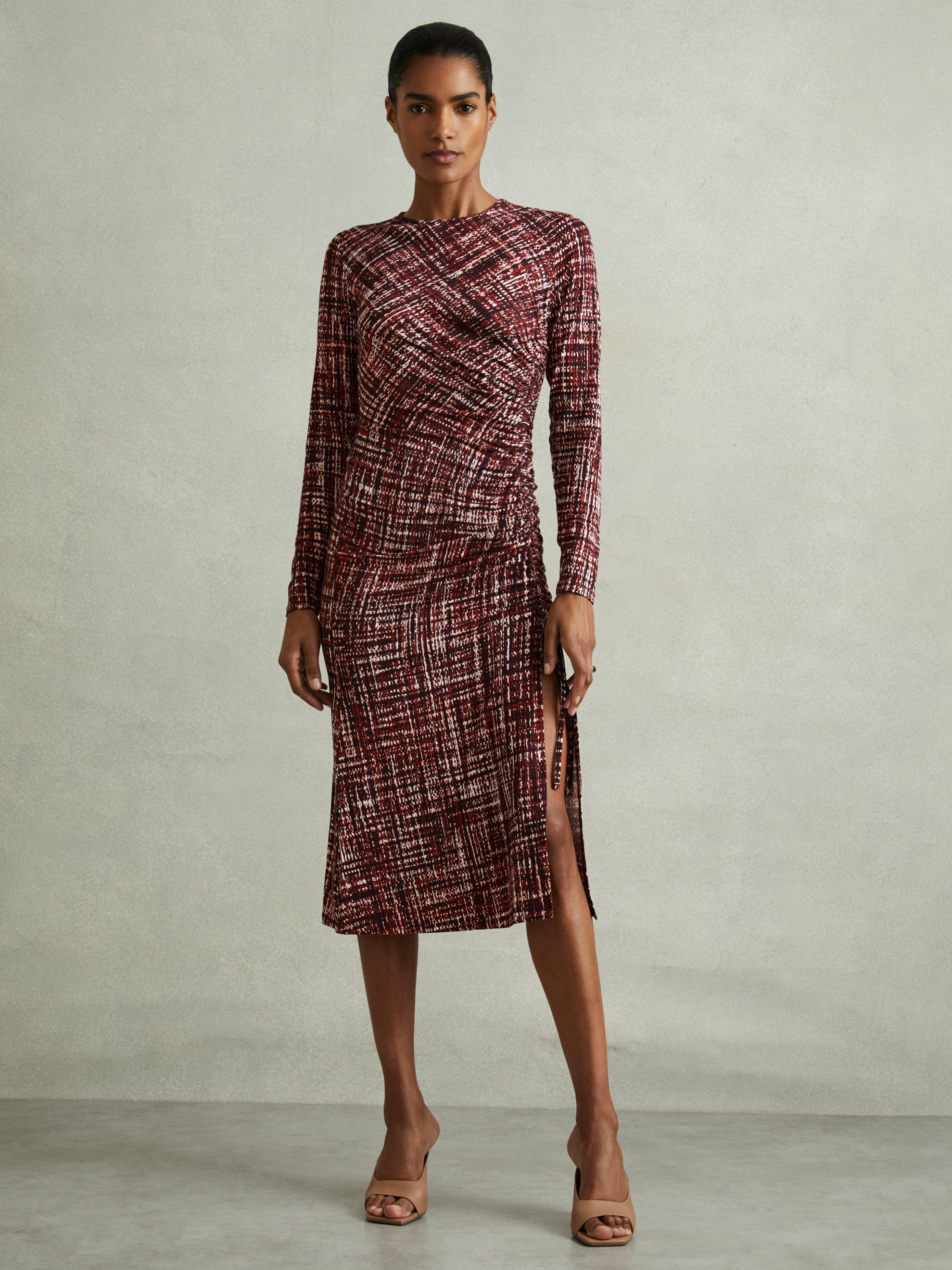 Reiss Riyo Check Ruched Bodycon Midi Dress, Red
