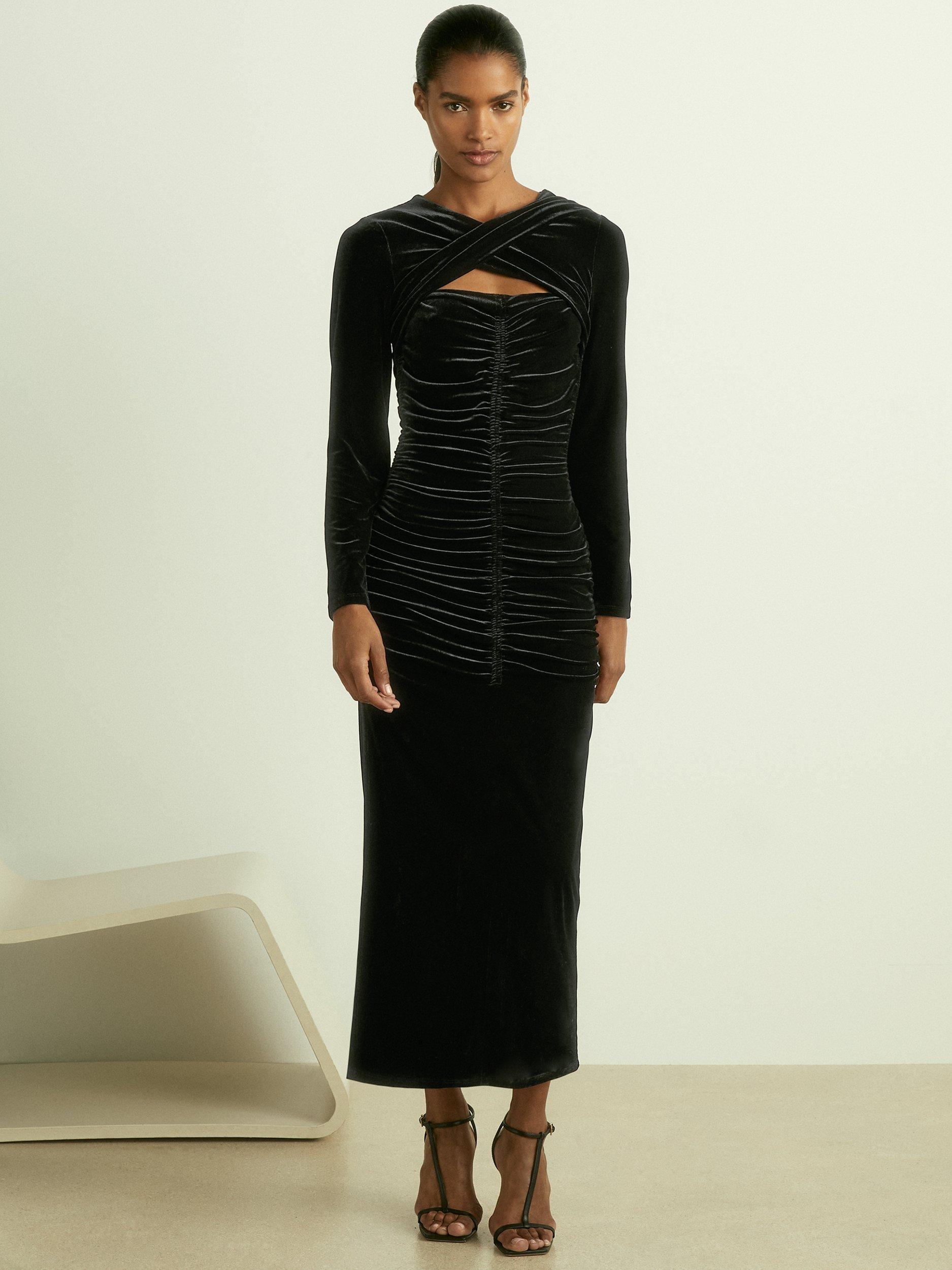 Reiss Petite Sia Velvet Ruched Midi Dress, Black