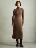 Reiss Vinette Ribbed Roll Neck Jumper Midi Dress, Mocha